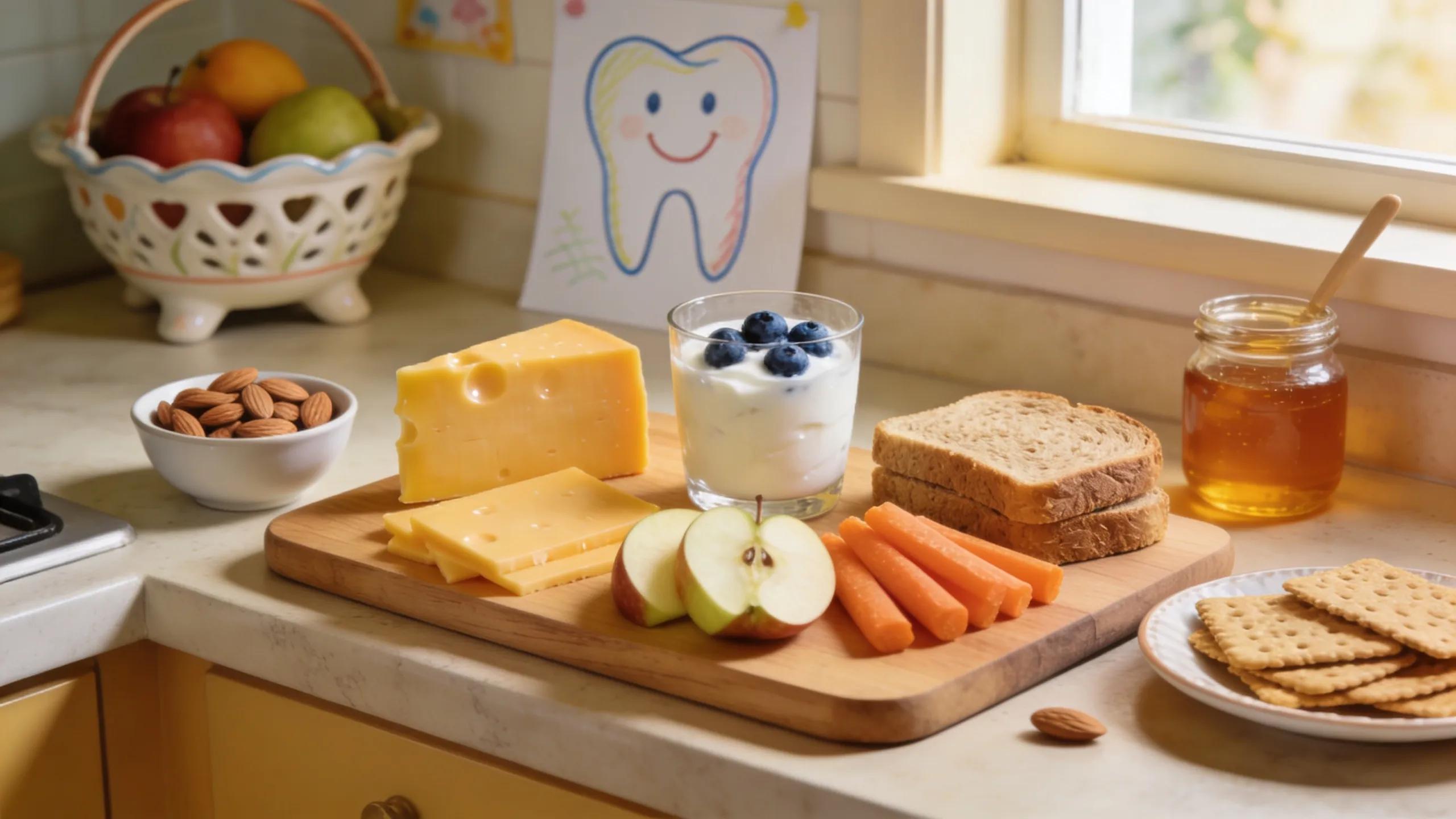 Colorful display of tooth-friendly foods, showcasing healthy eating for strong teeth in families