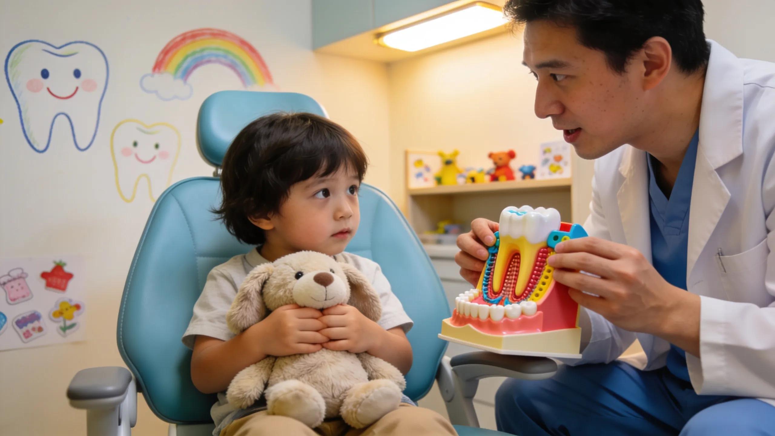 Pediatric dental care scene with a child and dentist in a colorful, friendly dental environment