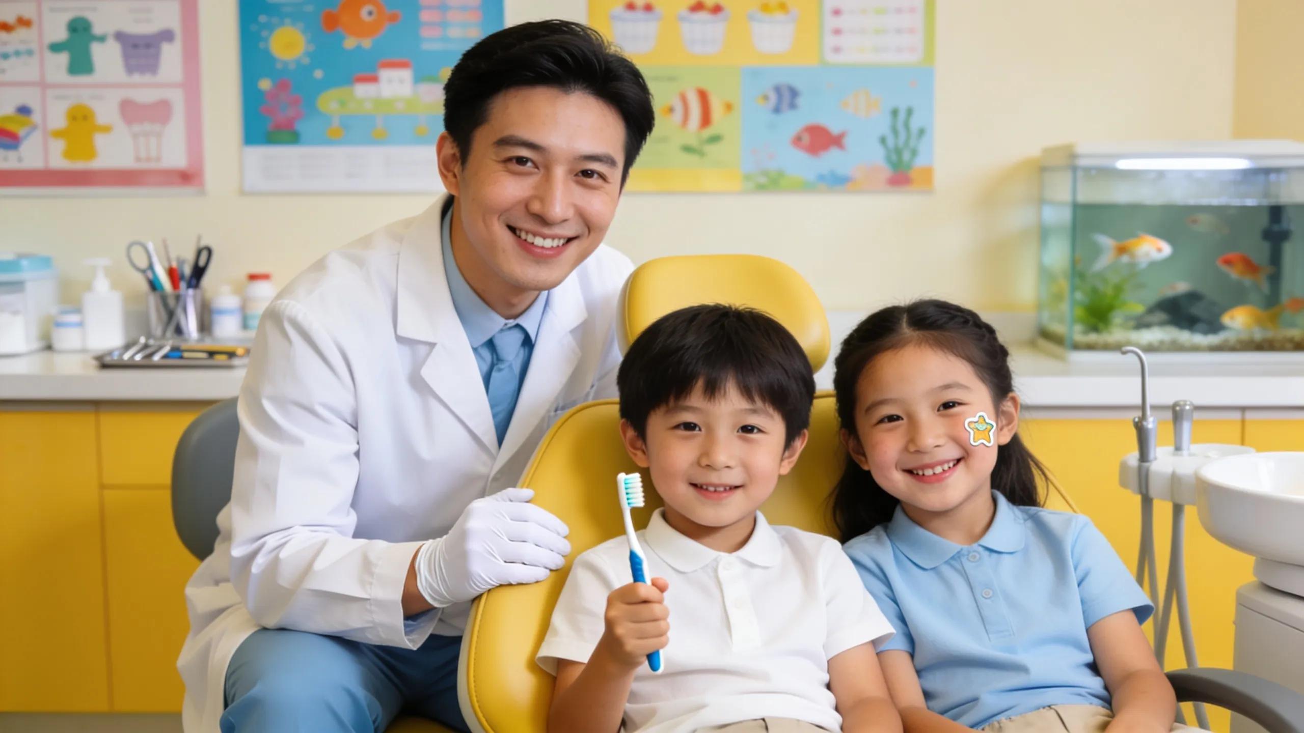 Family dental care scene, showcasing a positive dental experience with a smiling dentist and children