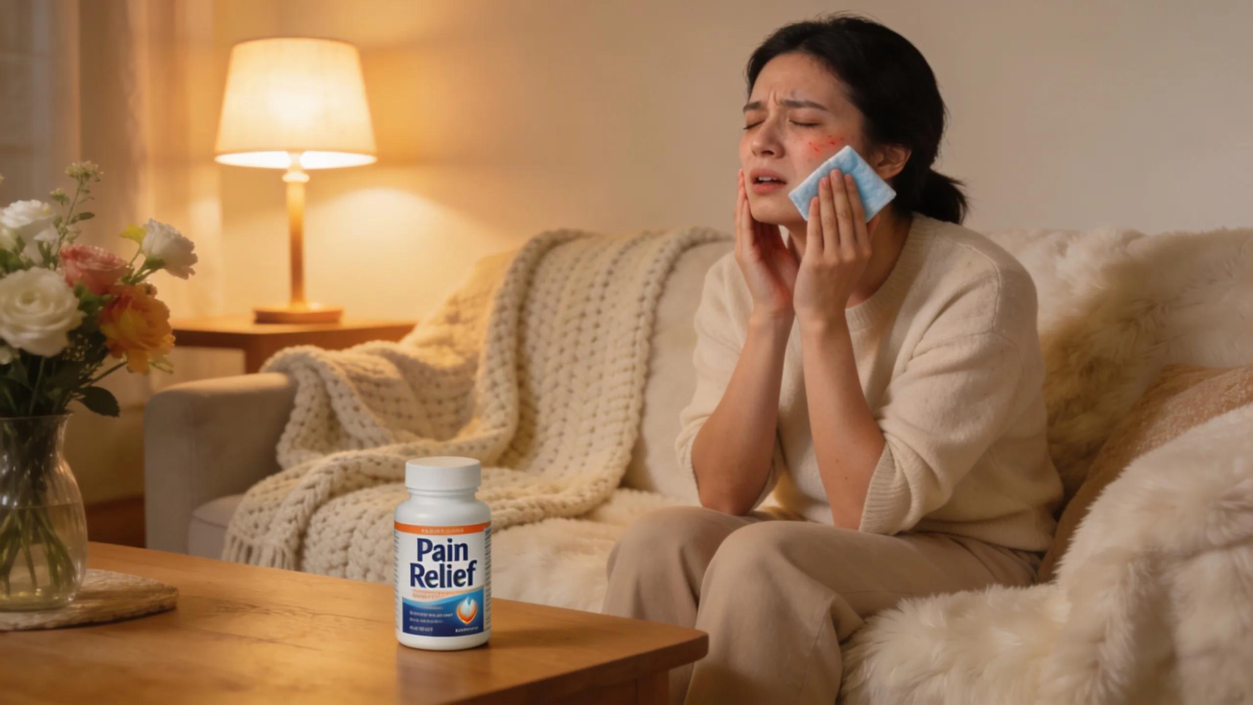 Individual managing tooth pain relief at home with a cold compress and pain relief medication