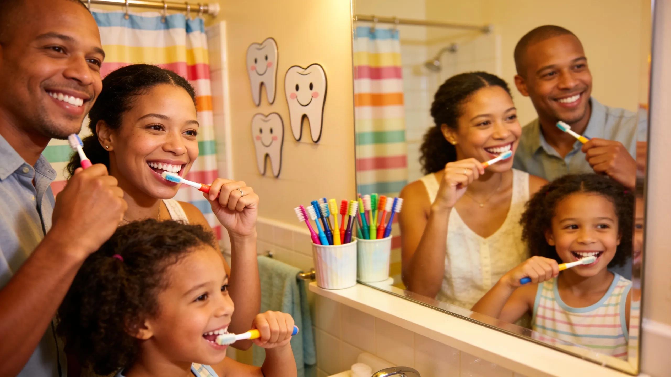 Happy family brushing teeth together in a bright bathroom, promoting family dental care and healthy smiles