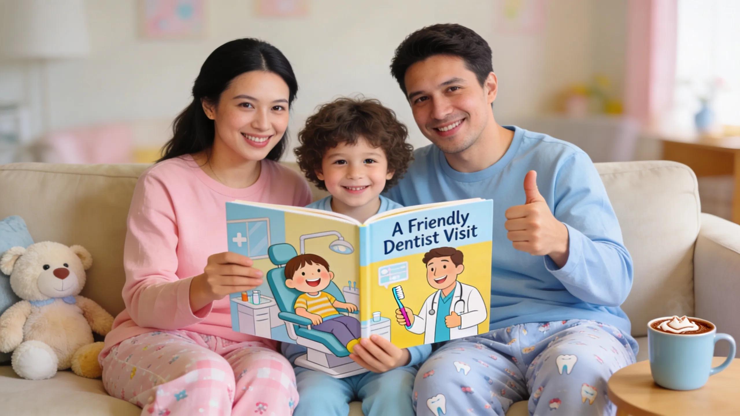 Parents and child reading a book about visiting the dentist to reduce anxiety