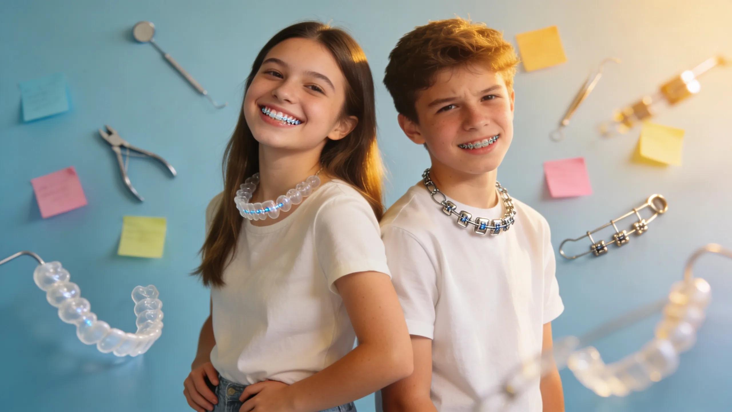 Comparison of Invisalign clear aligners and traditional braces with smiling teenagers