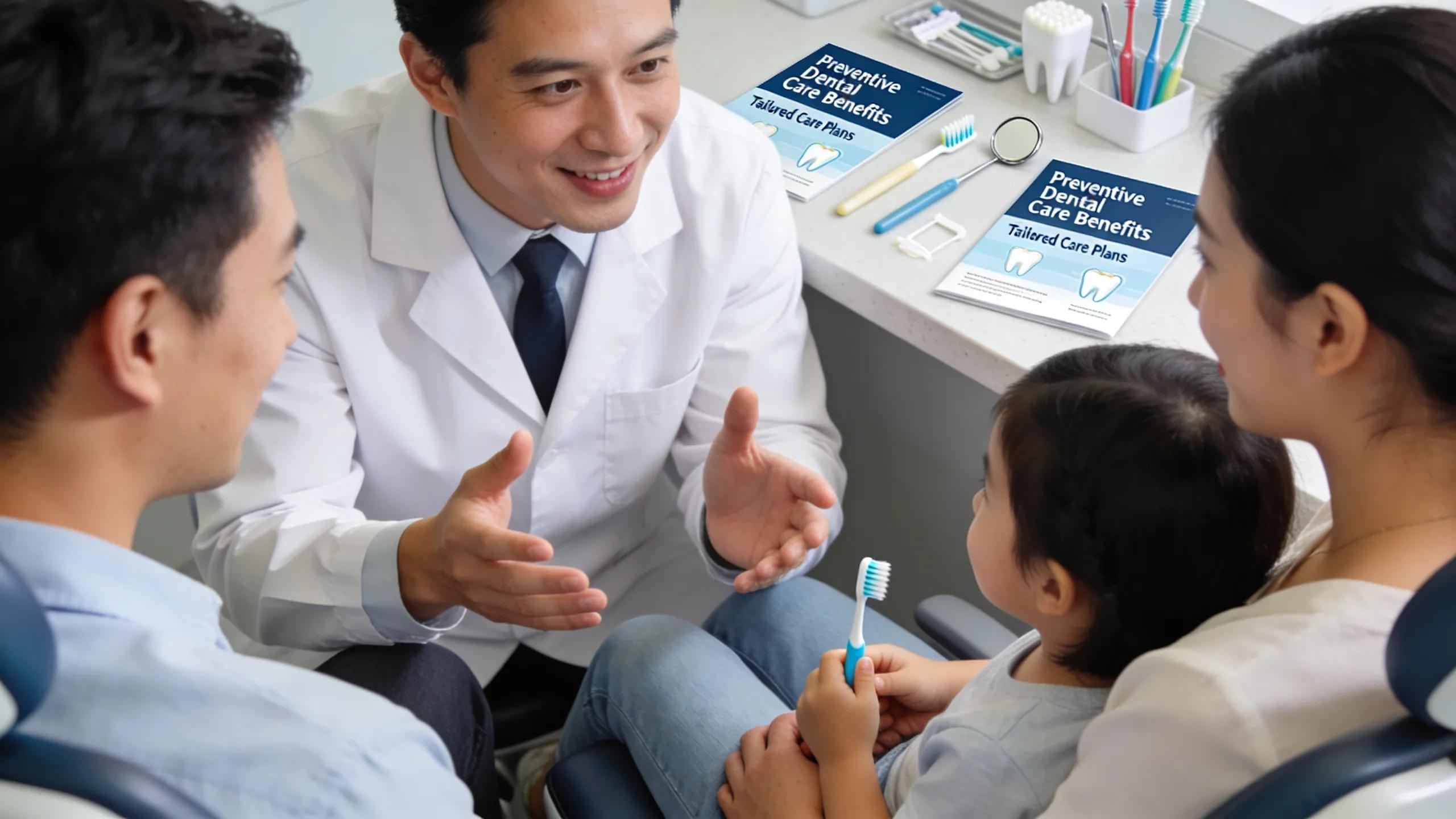 Dentist discussing preventive dental care benefits with a family