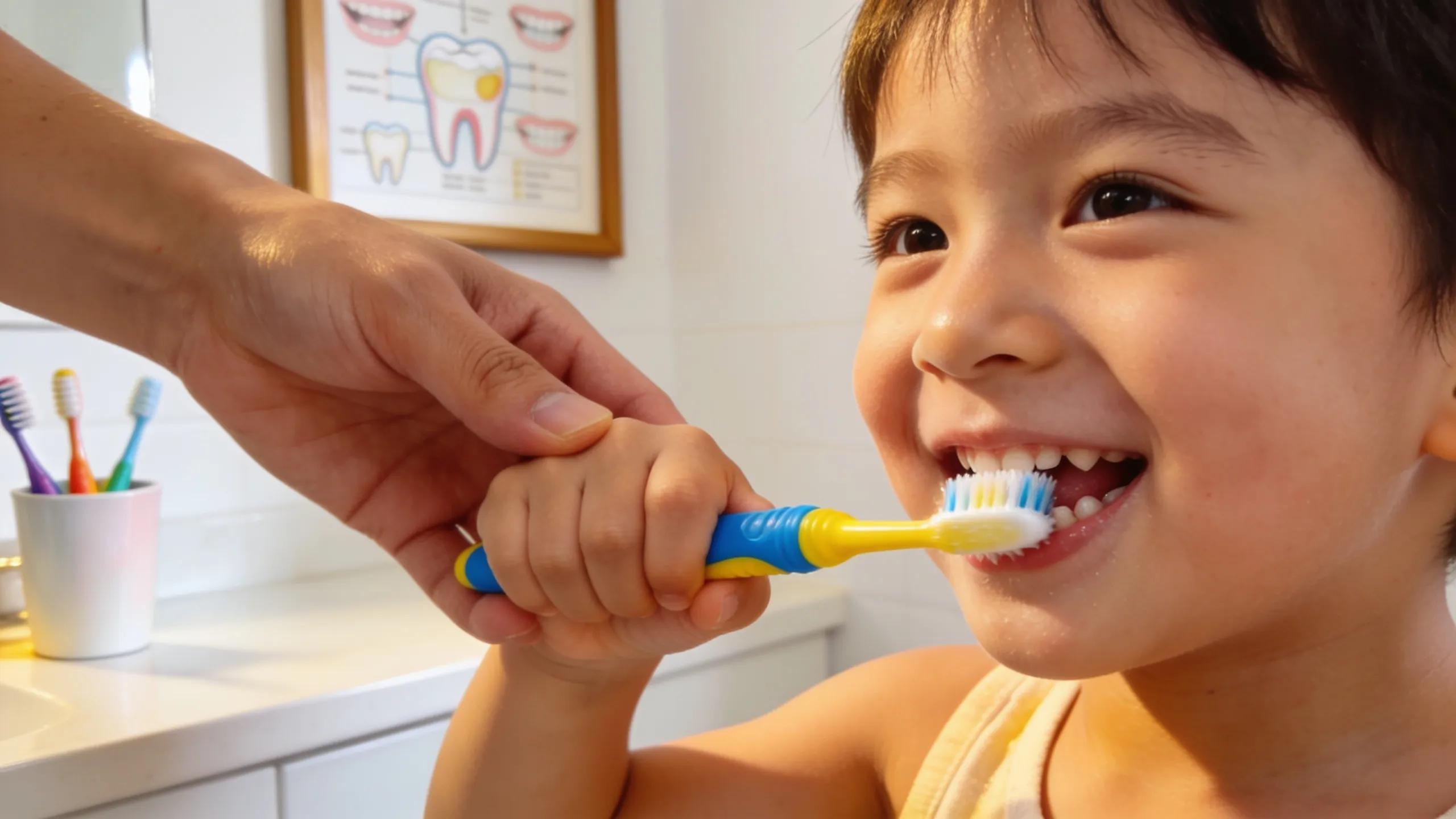 Parent guiding child in brushing teeth, illustrating effective at-home oral hygiene practices for families