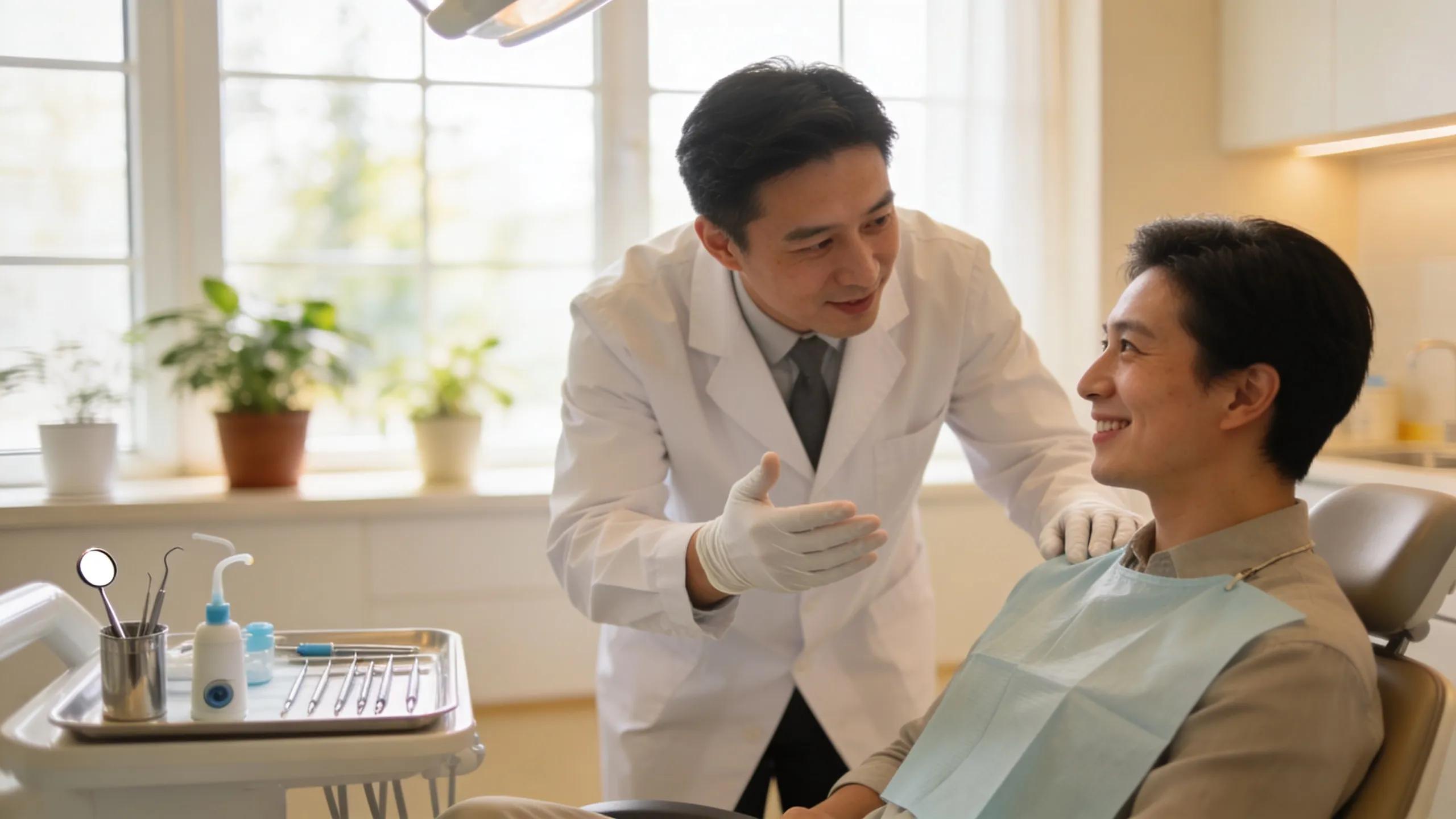 Emergency dental care setting with a dentist assisting a patient, highlighting urgent treatment