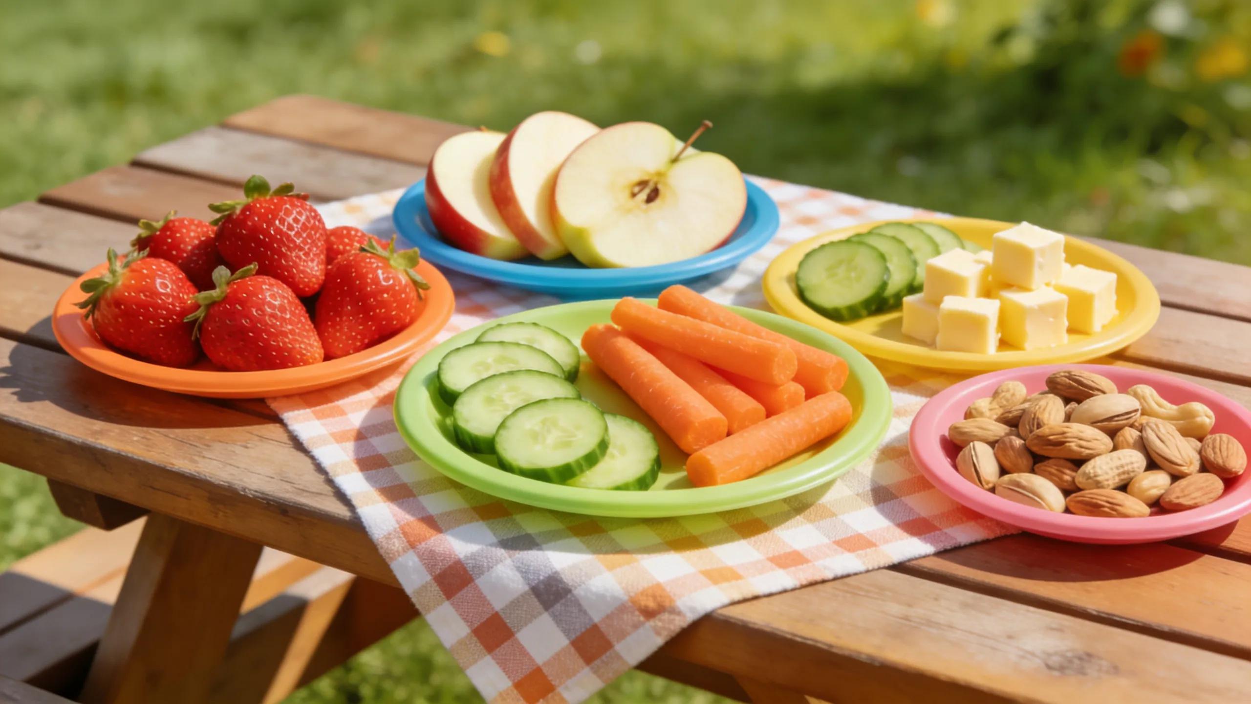 Healthy snacks promoting dental health for children displayed on a picnic table