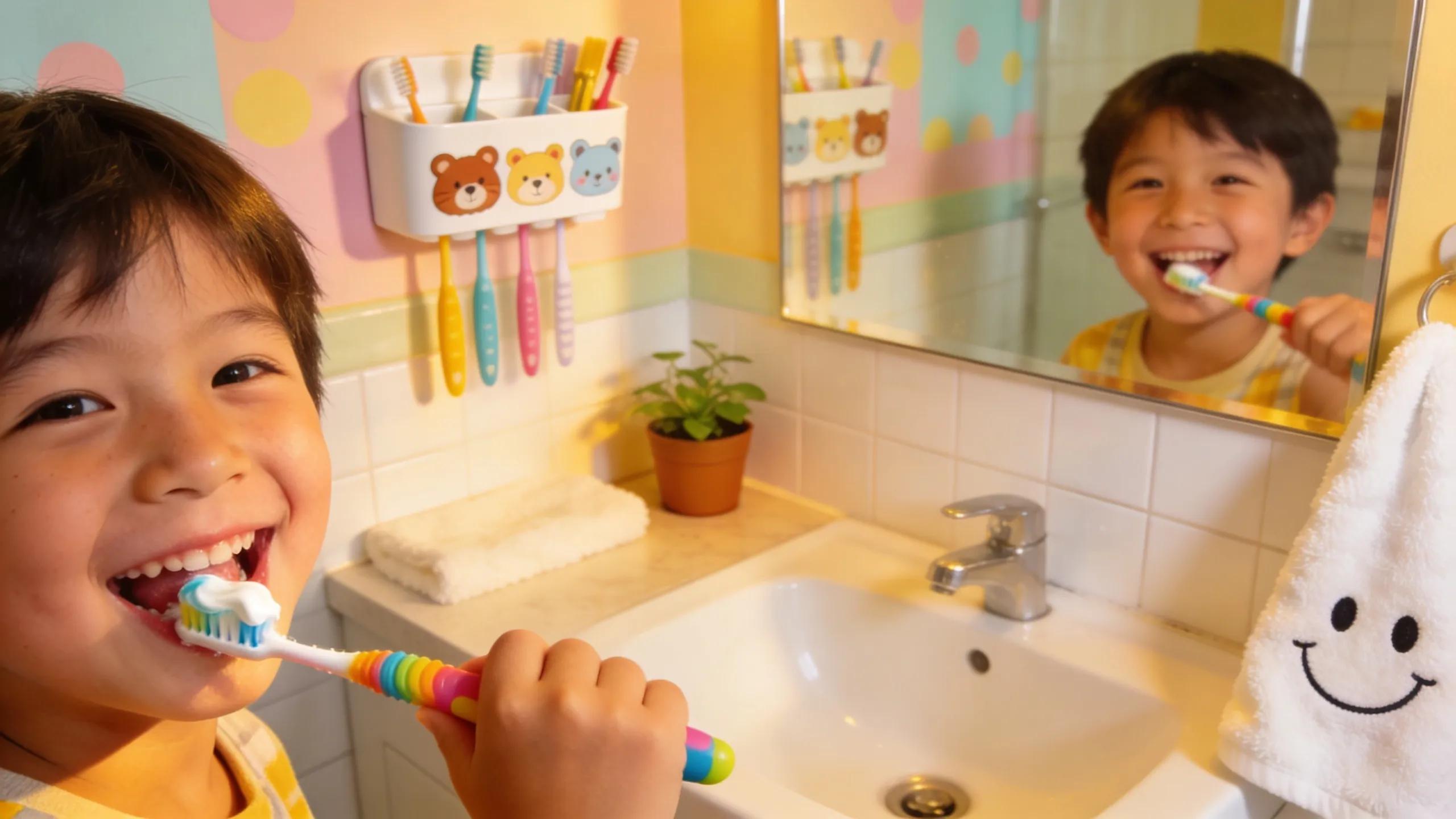 Happy child brushing teeth in a family-friendly bathroom setting