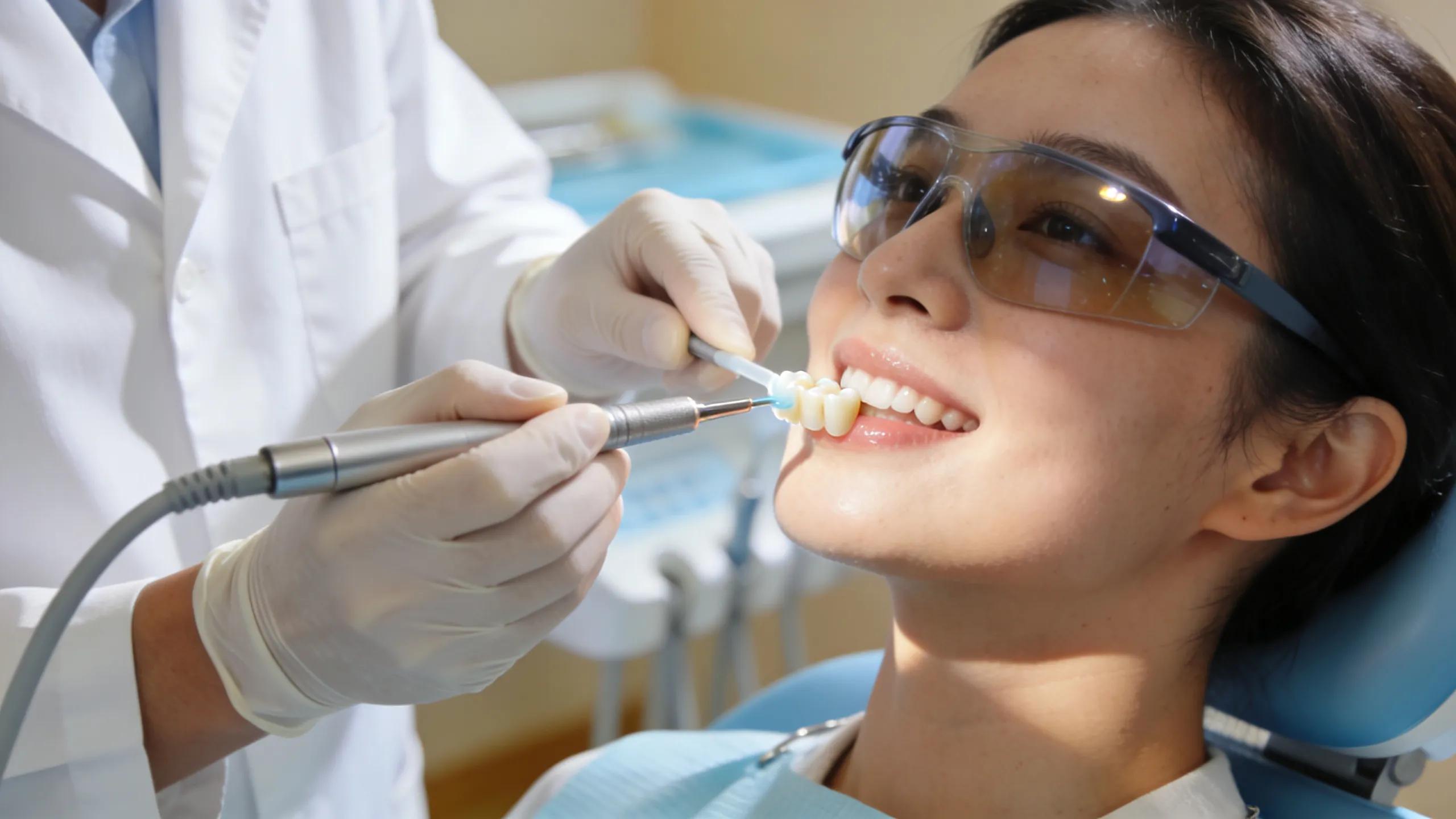 Dentist applying dental bonding to a patient's tooth in a friendly dental office