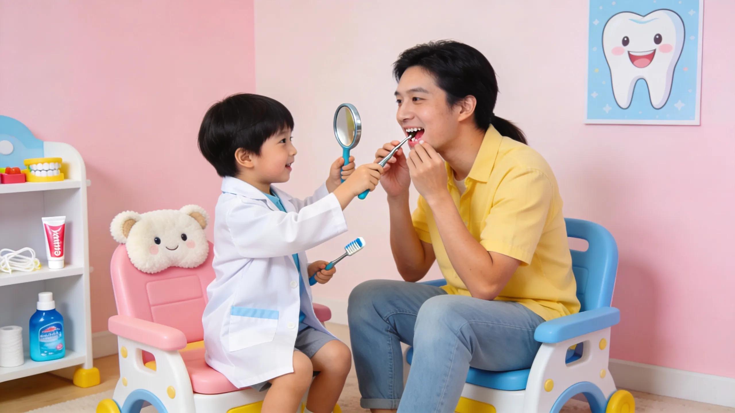 Child role-playing as a dentist with parent, reducing dental anxiety through play