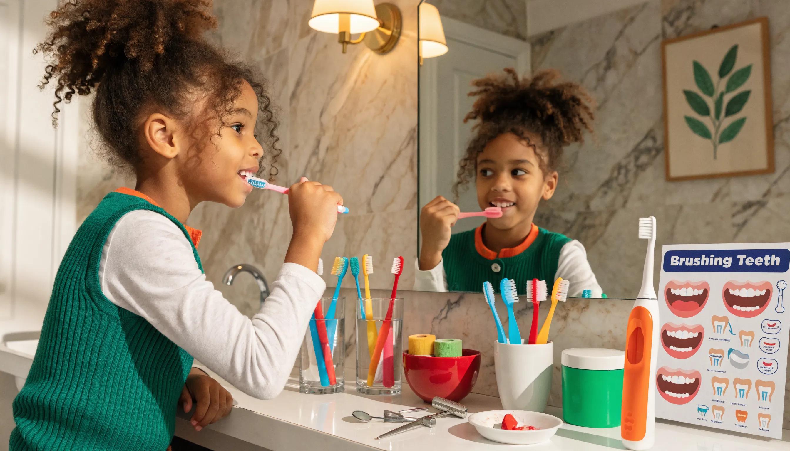 Child learning about oral hygiene with fun dental care products