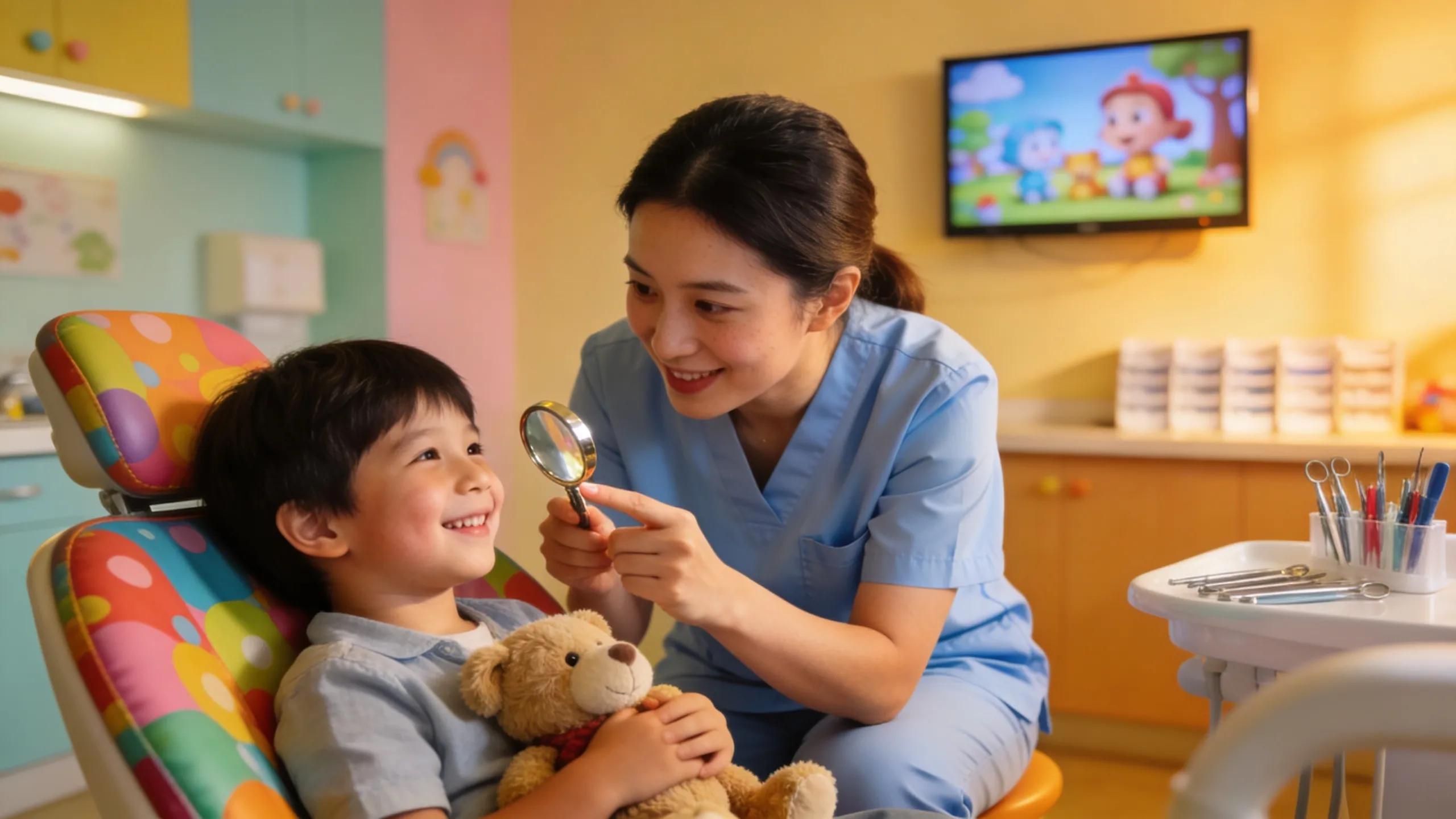 Pediatric dentist engaging with a child during a dental exam in a welcoming office