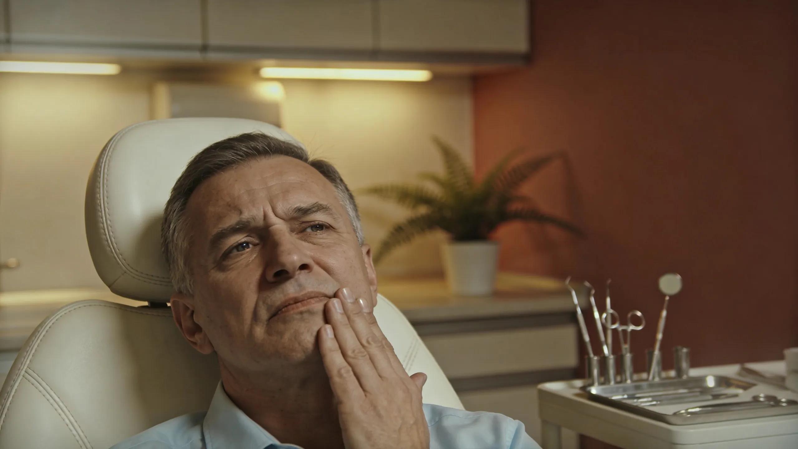 Patient in a dental office showing symptoms of dental pain indicating the need for a root canal