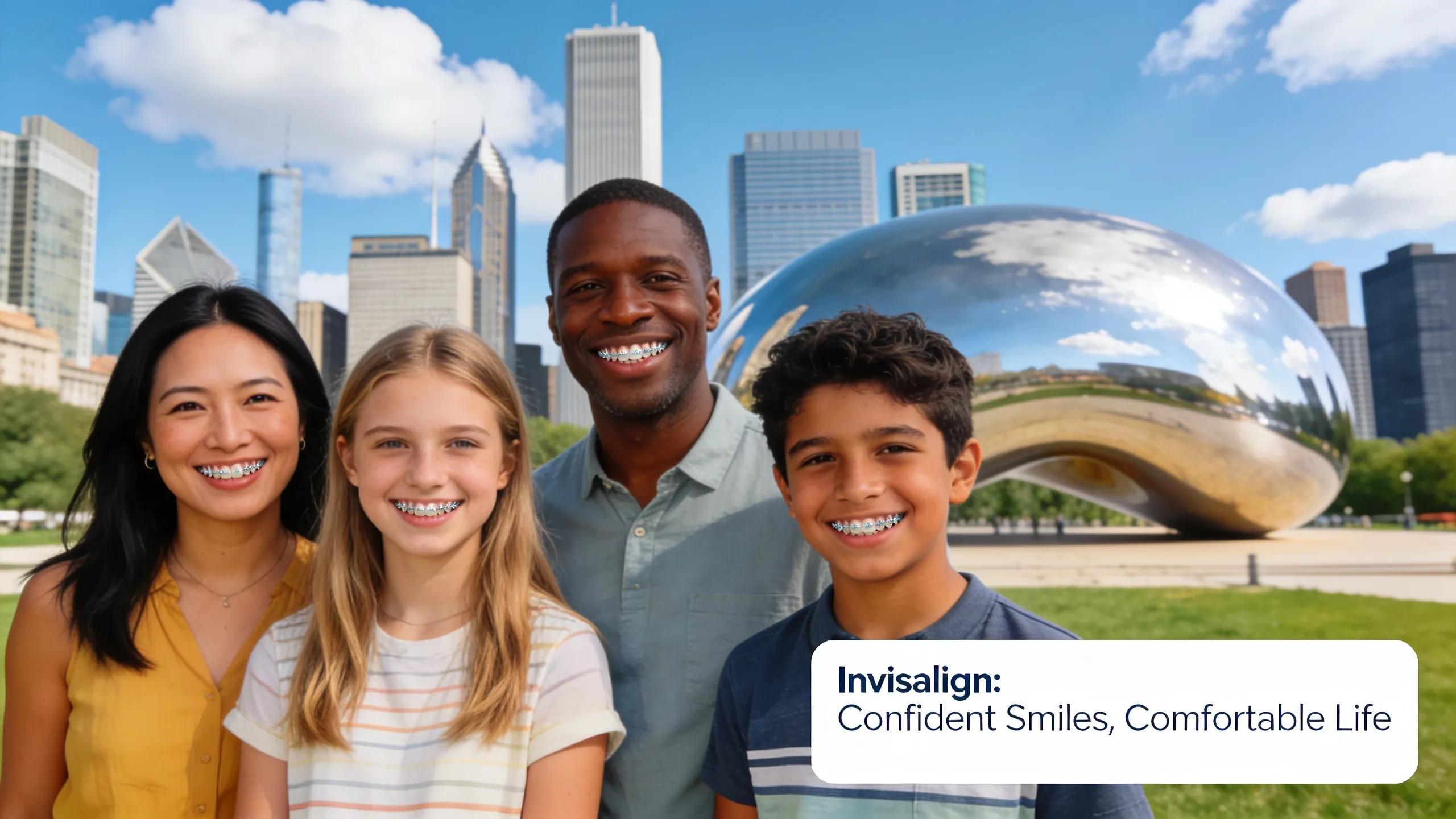 Happy Chicago family smiling with clear aligners, showcasing the benefits of Invisalign