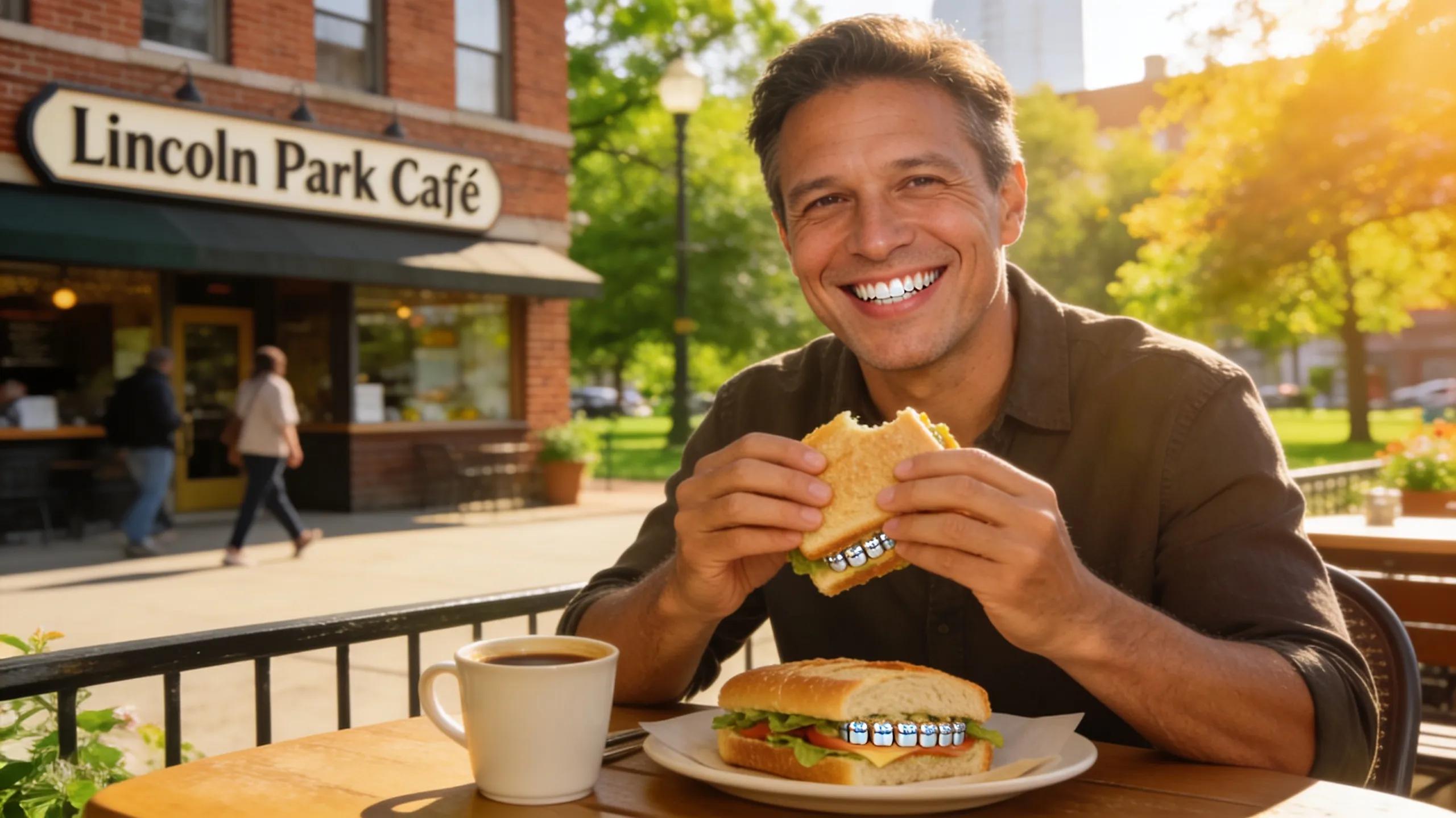Benefits of dental implants shown through a happy patient in a Chicago neighborhood