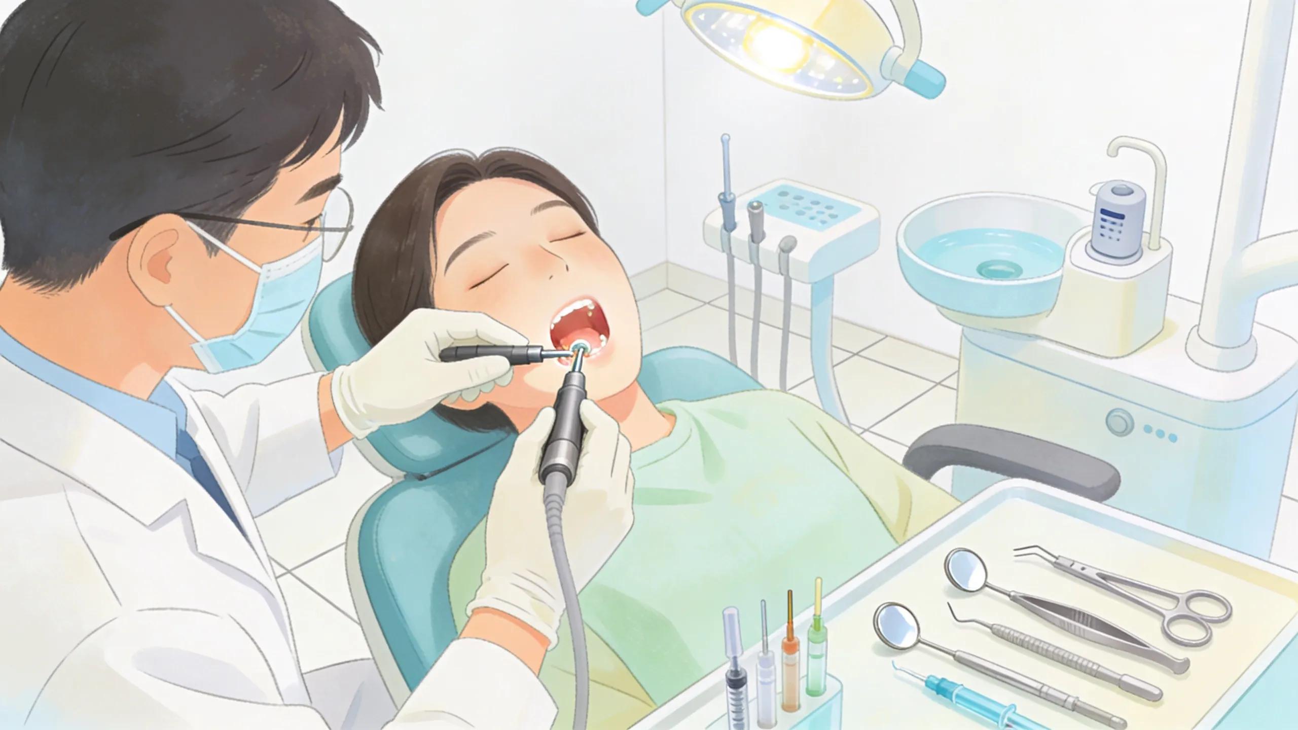 A dentist performing a root canal procedure, showcasing patient care and professionalism