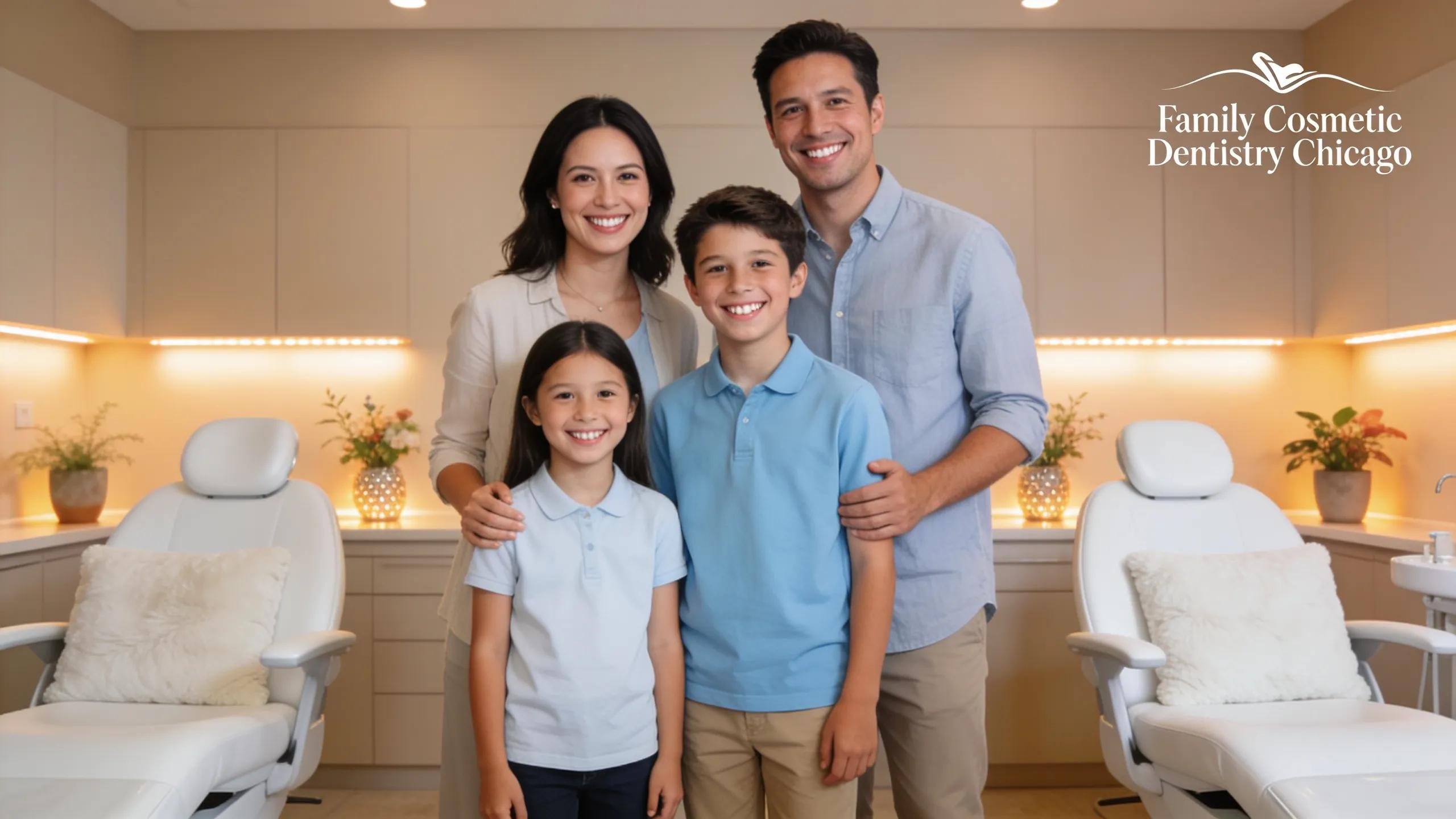 Happy family showcasing bright smiles in a modern dental office