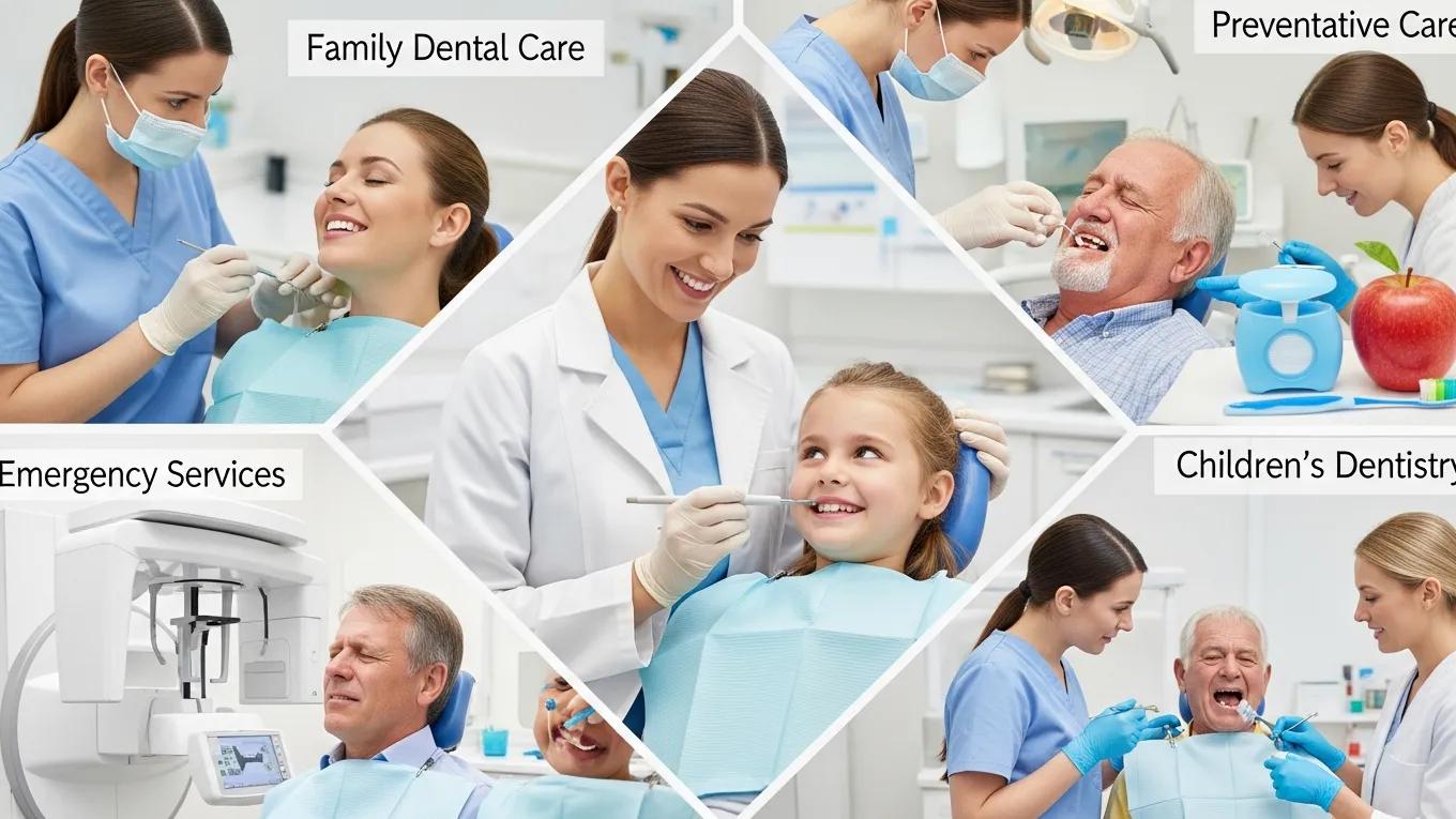 Collage of dental services illustrating general, pediatric, and emergency care for families.