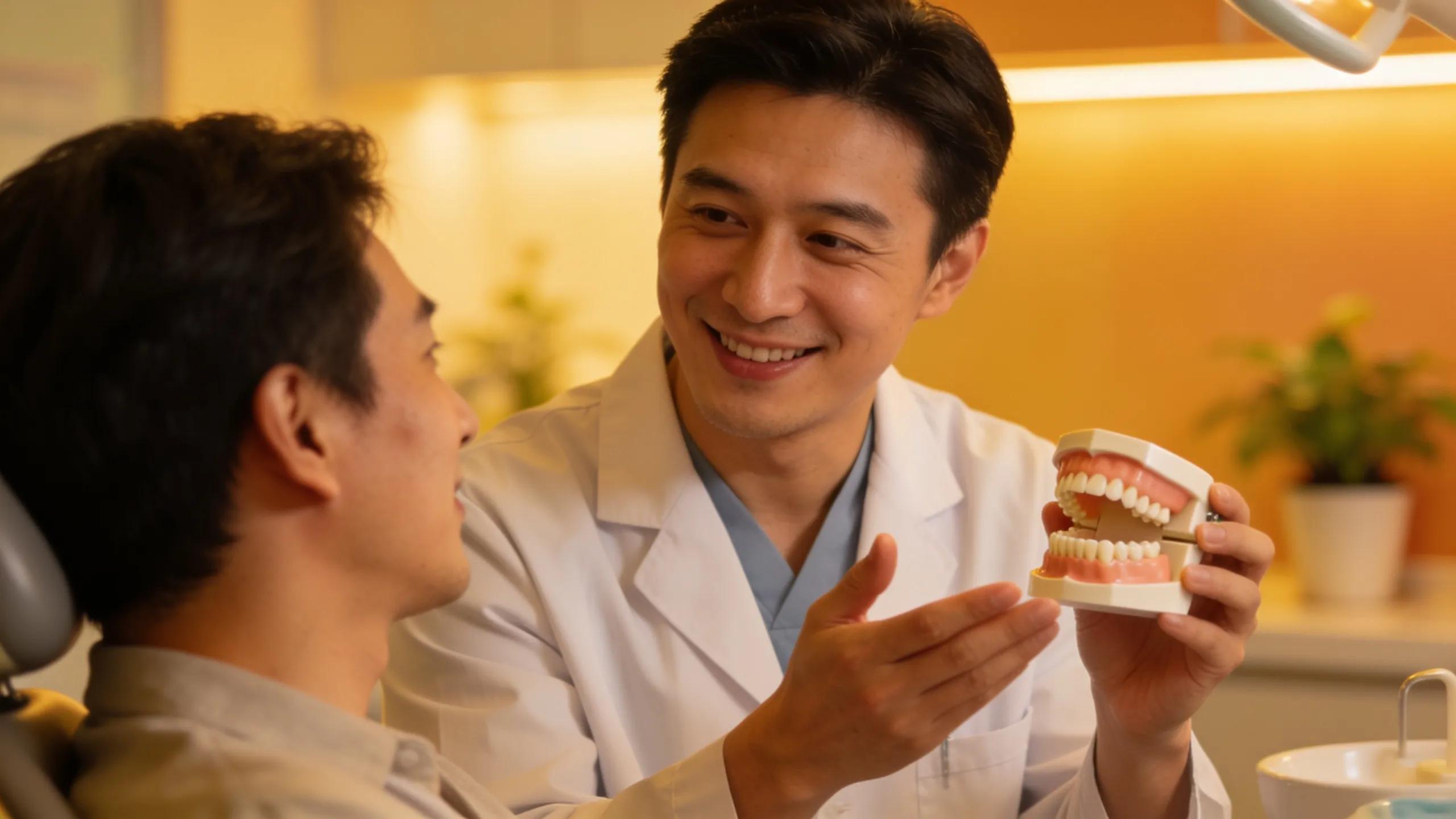 Dentist discussing treatment options with a patient in a warm dental office