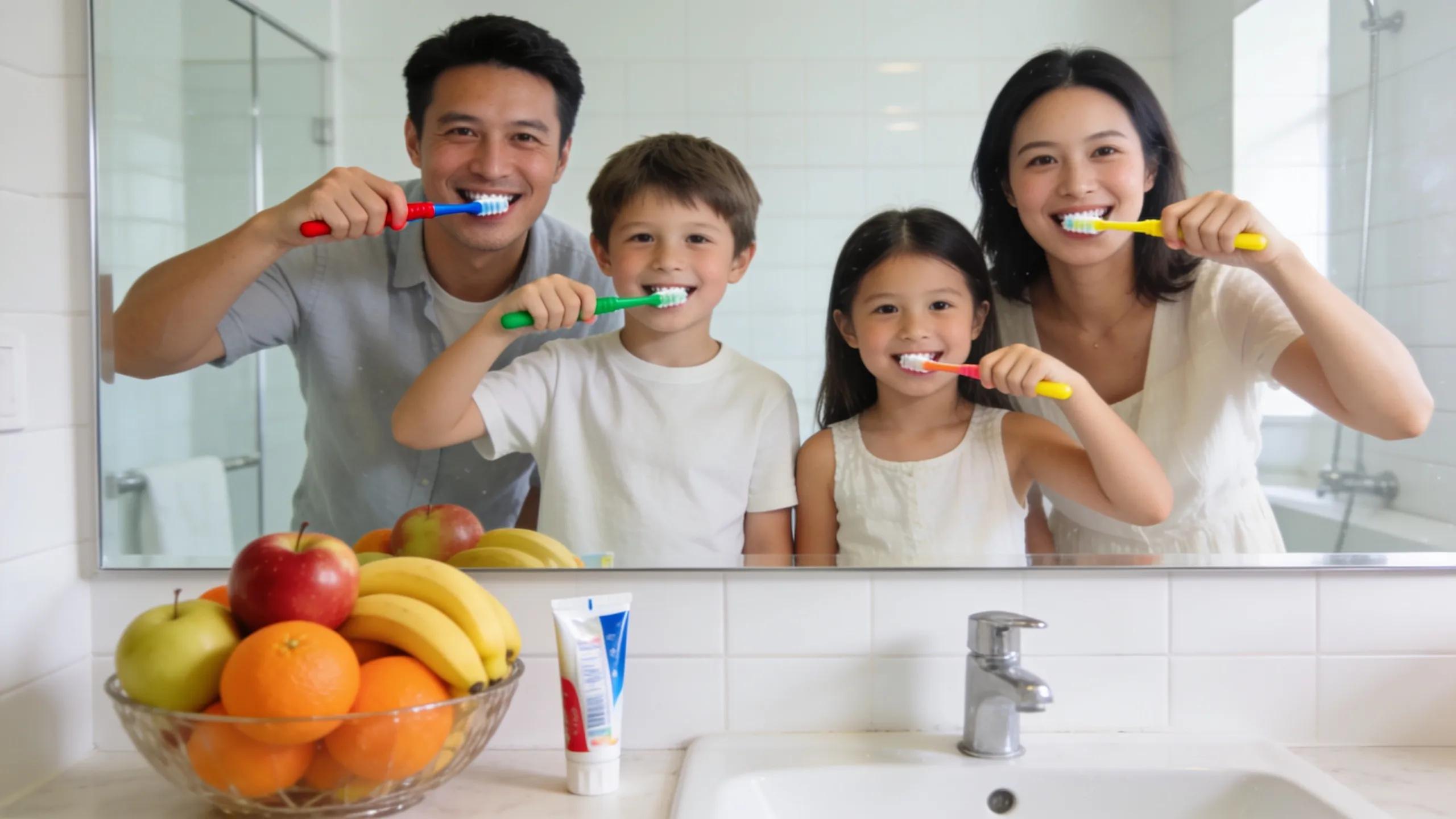 Family practicing good oral hygiene with toothbrushes in a bright bathroom
