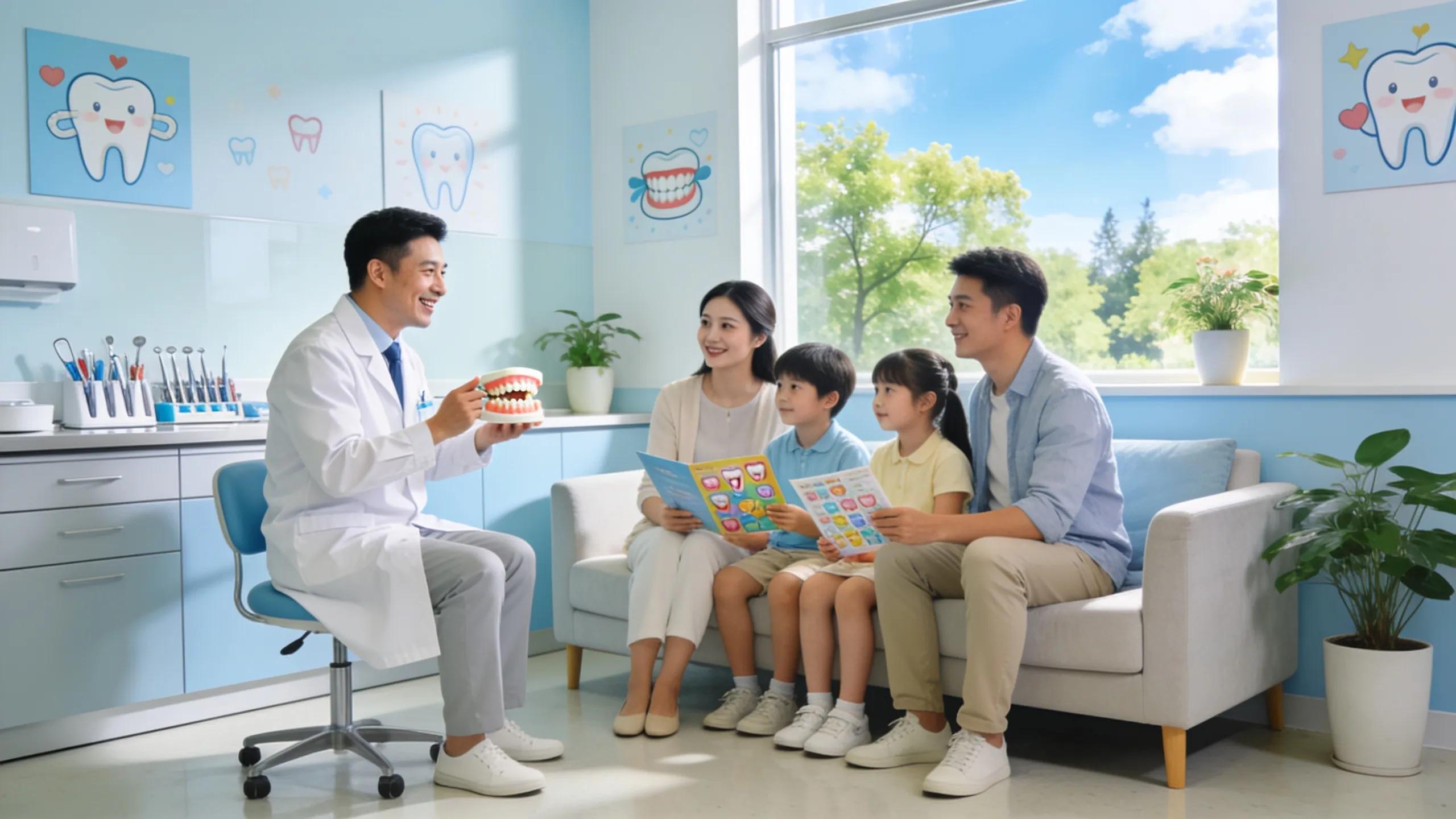 Welcoming dental office with a dentist and family discussing dental care