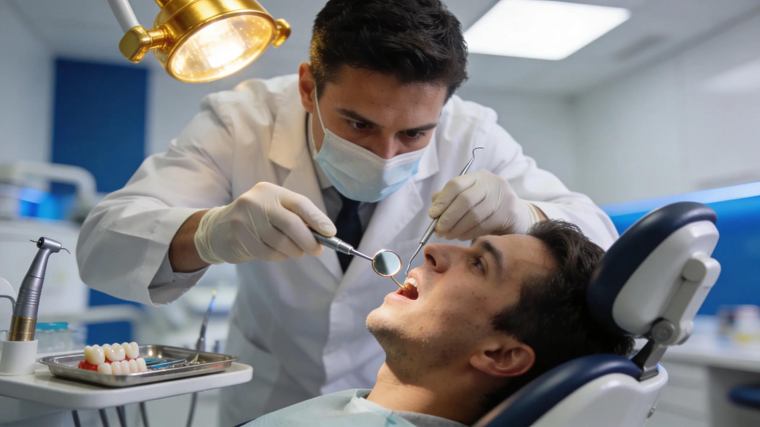 Dental professional performing an emergency procedure with tools in a clinical setting
