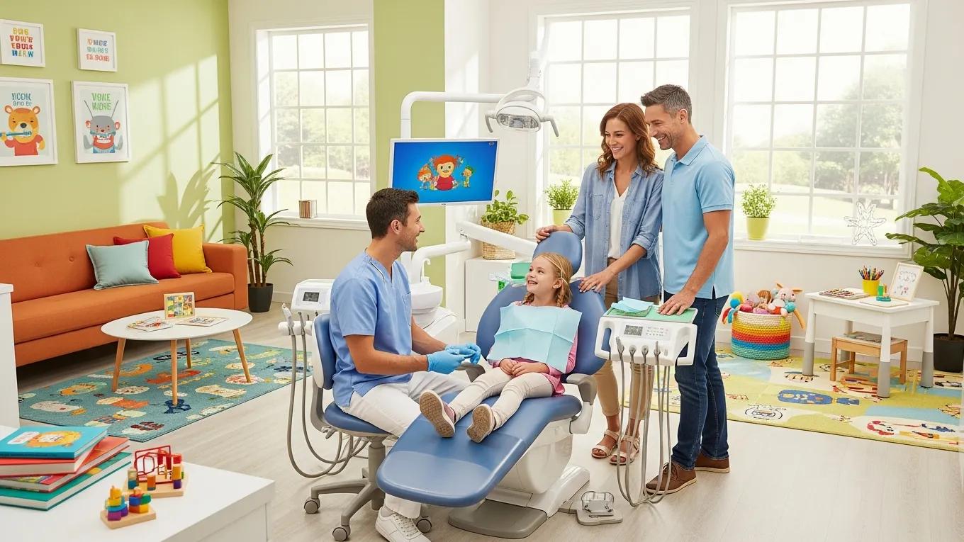 Family dentist welcoming a family in a cozy dental office, highlighting the importance of family dental care