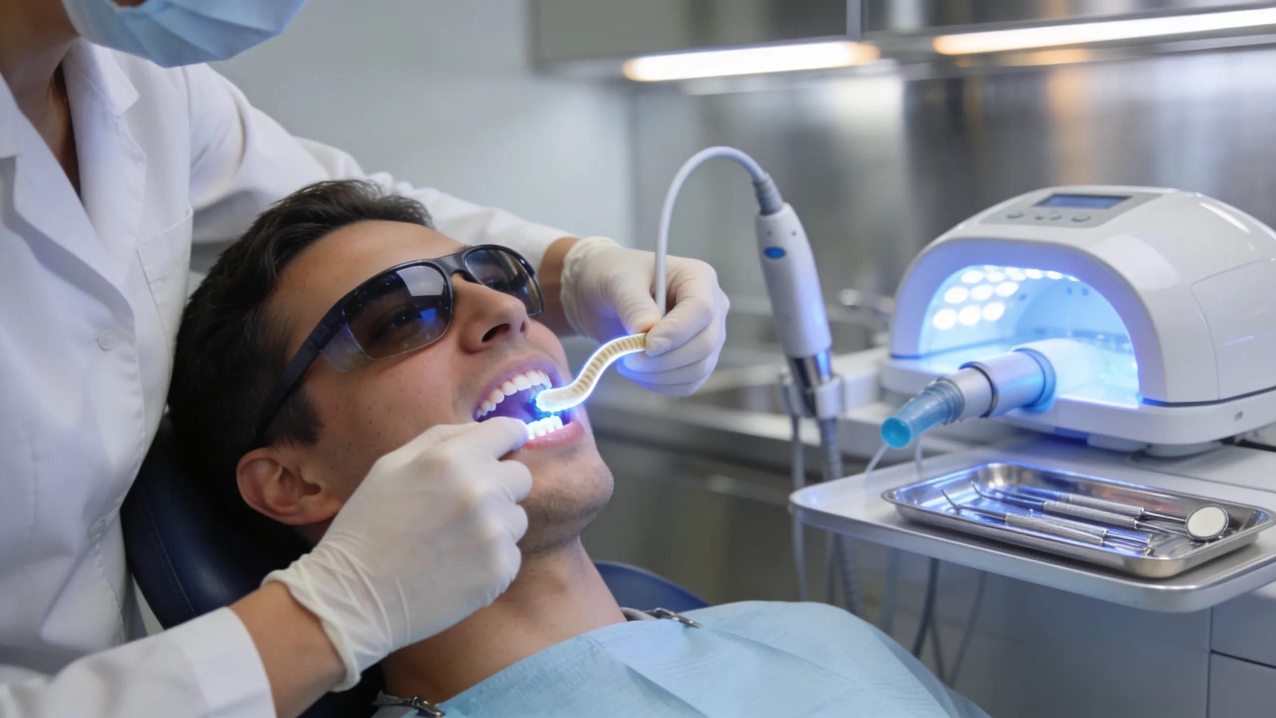 Patient receiving professional teeth whitening in a modern dental office