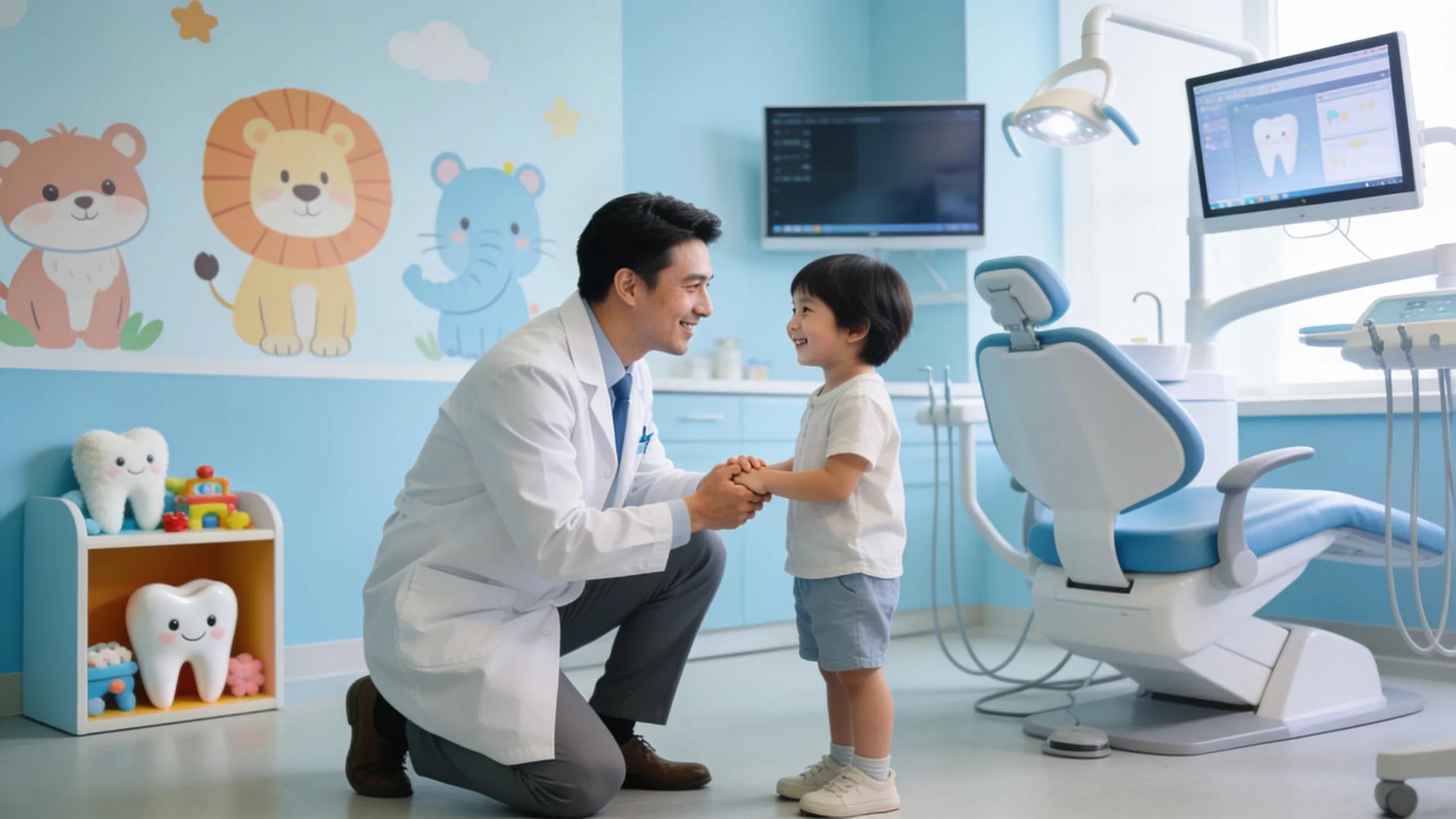 A caring dentist interacting with a child, emphasizing trust and expertise in pediatric dentistry