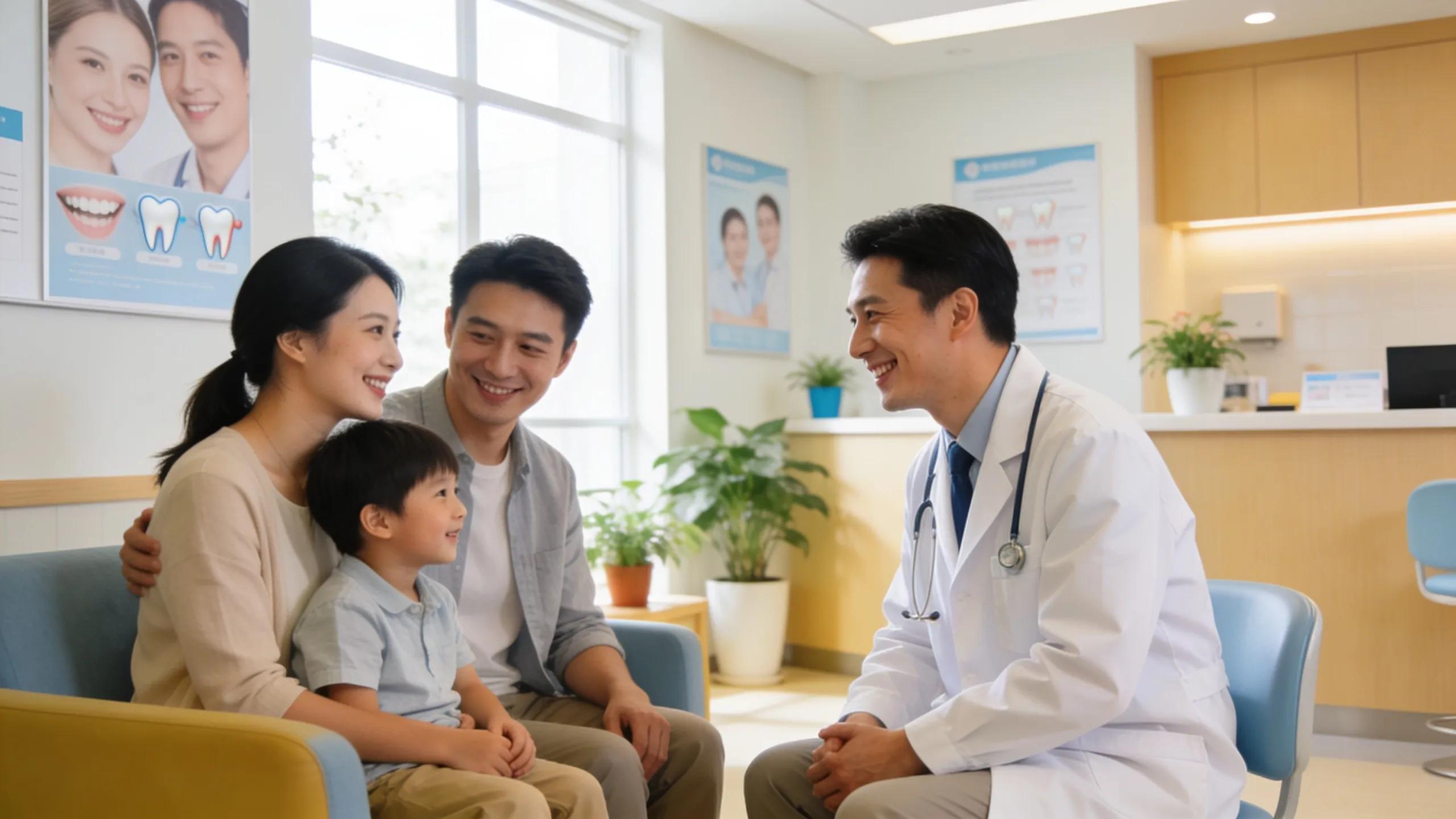 Friendly dentist in a bright office welcoming a family in Jefferson Park Chicago