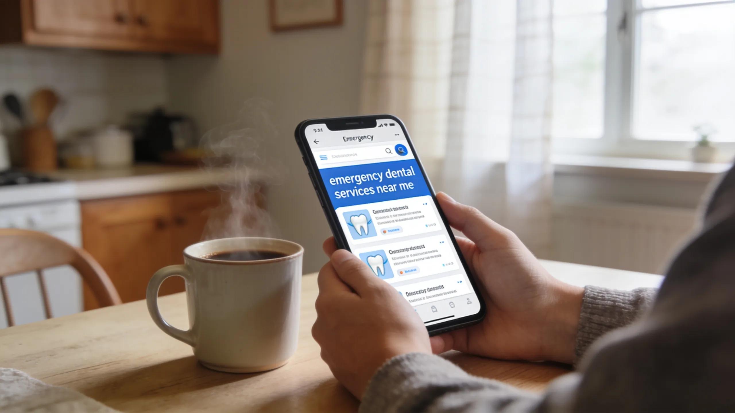 Person using a mobile device to find emergency dental services at home