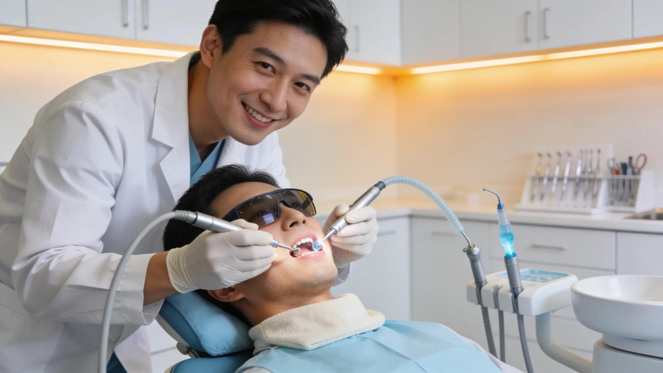 dentist performing dental cleaning with advanced tools