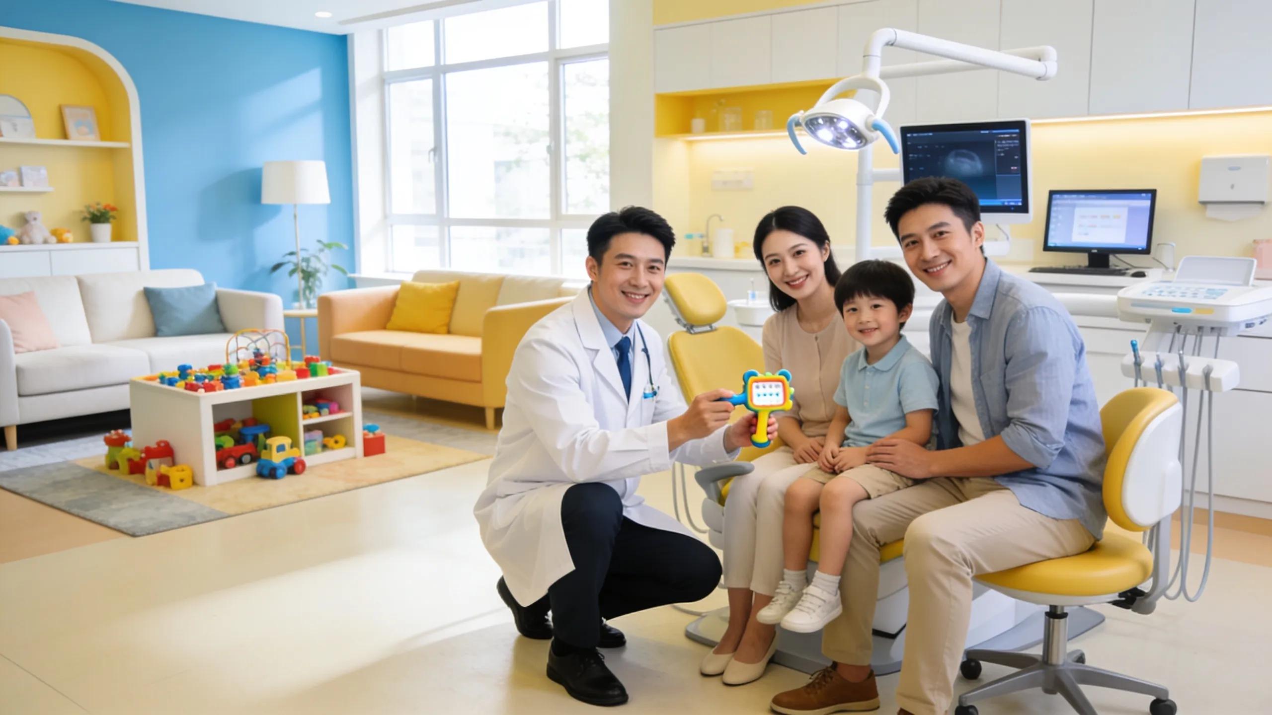 Friendly dentist engaging with a family in a modern dental office in Skokie