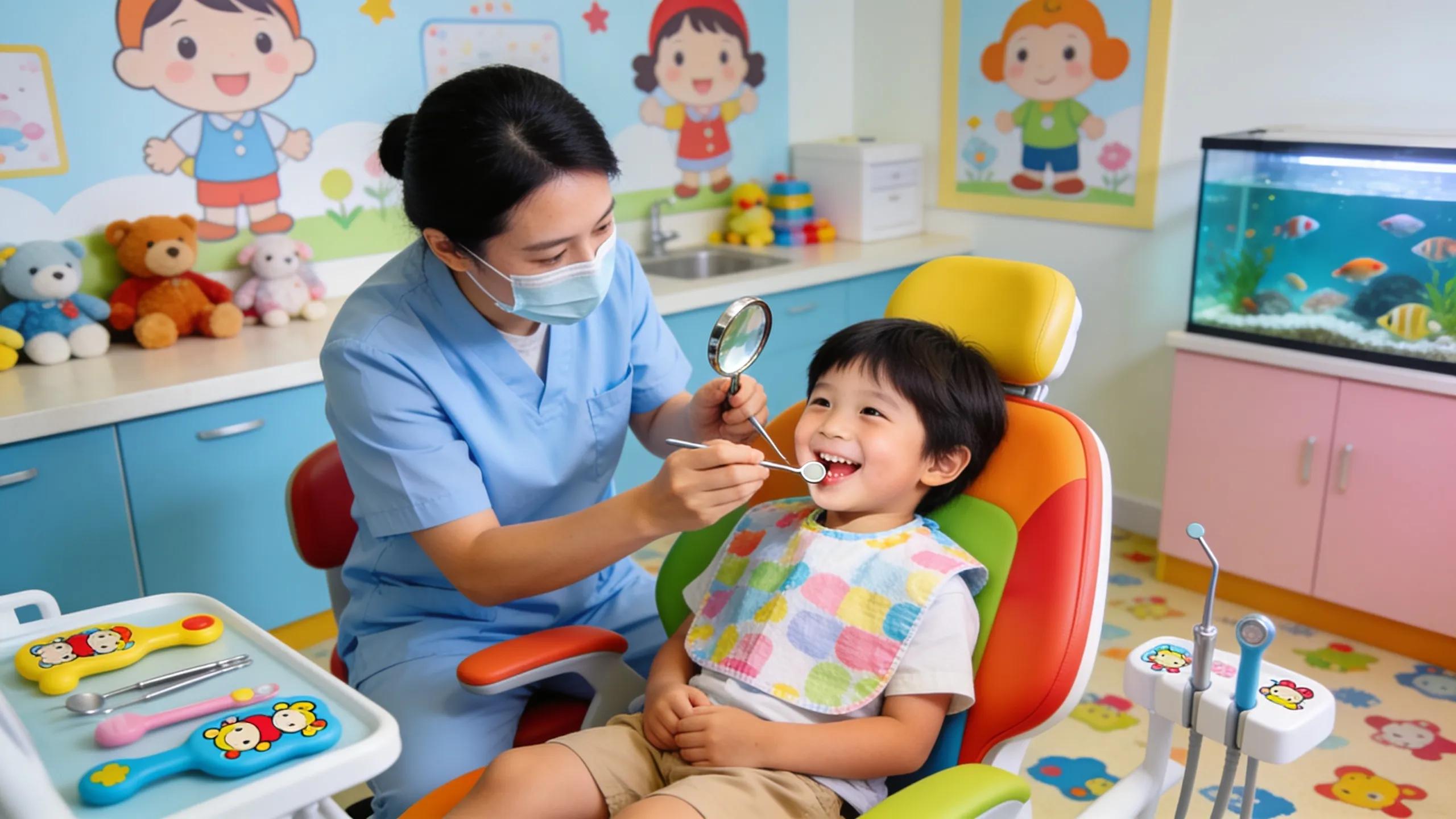 Pediatric dentist providing gentle care to a child in a vibrant dental practice