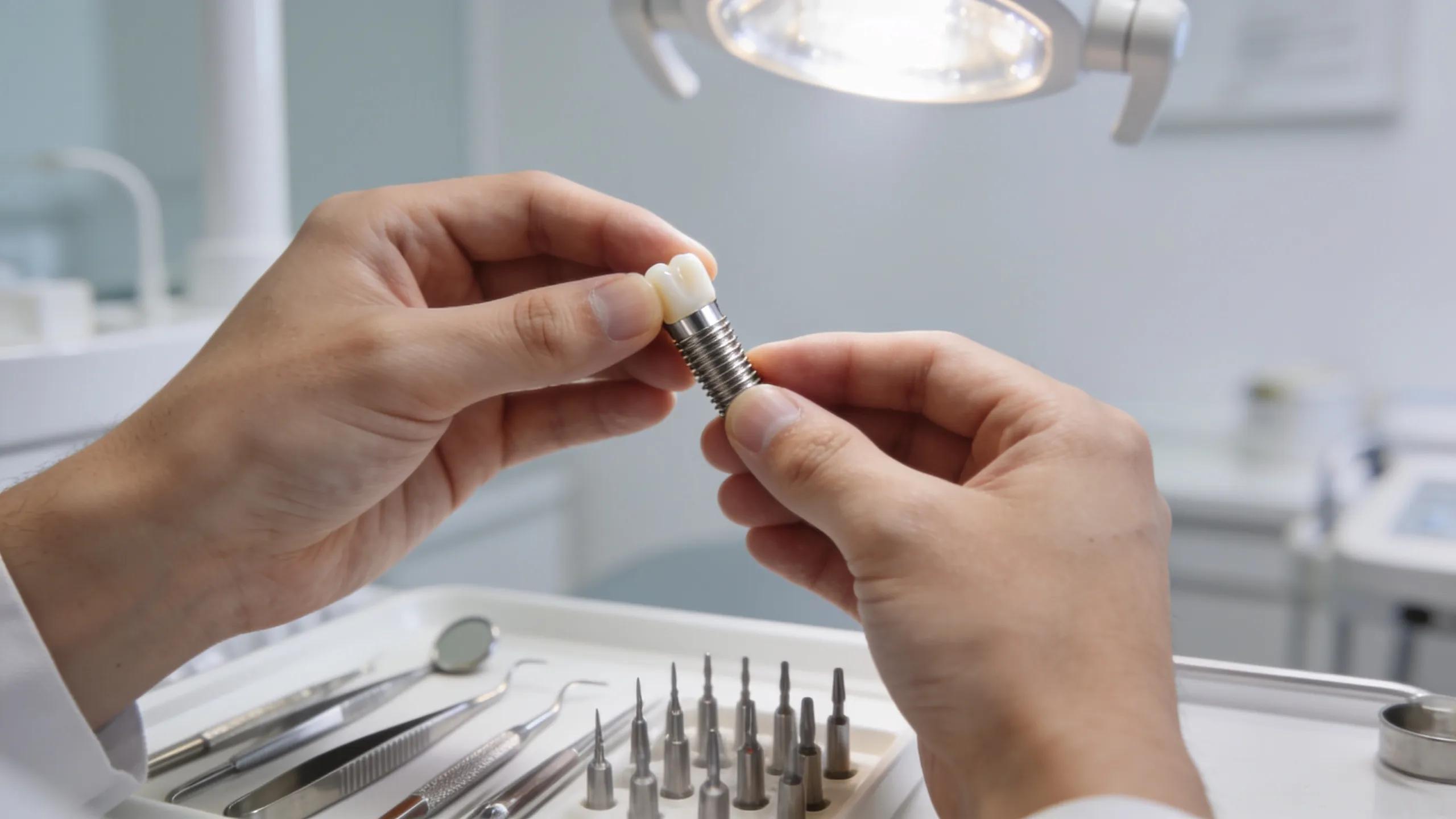 Dental professional preparing titanium dental implant for surgery
