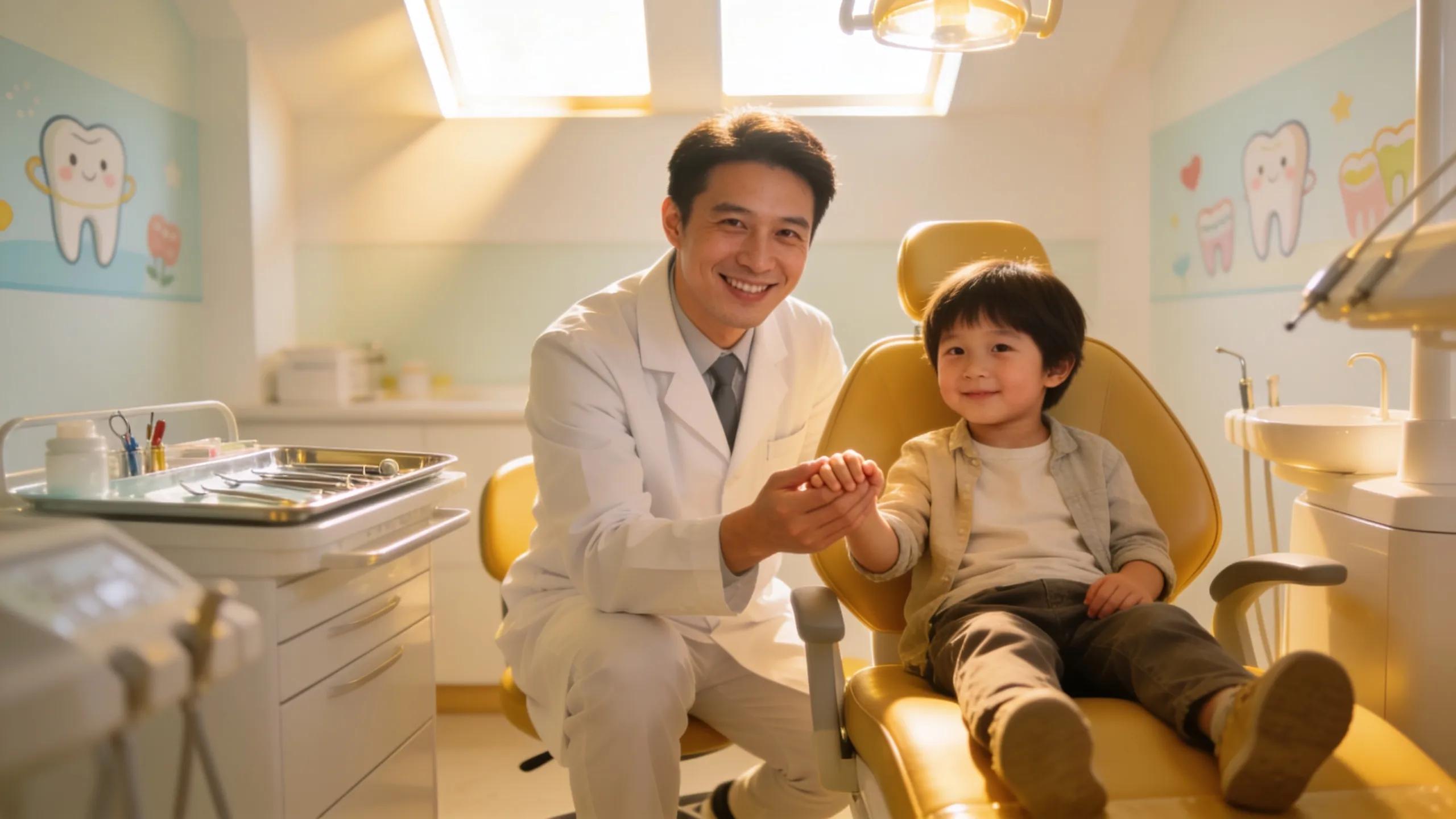 Friendly dentist engaging with a child in a welcoming dental clinic setting