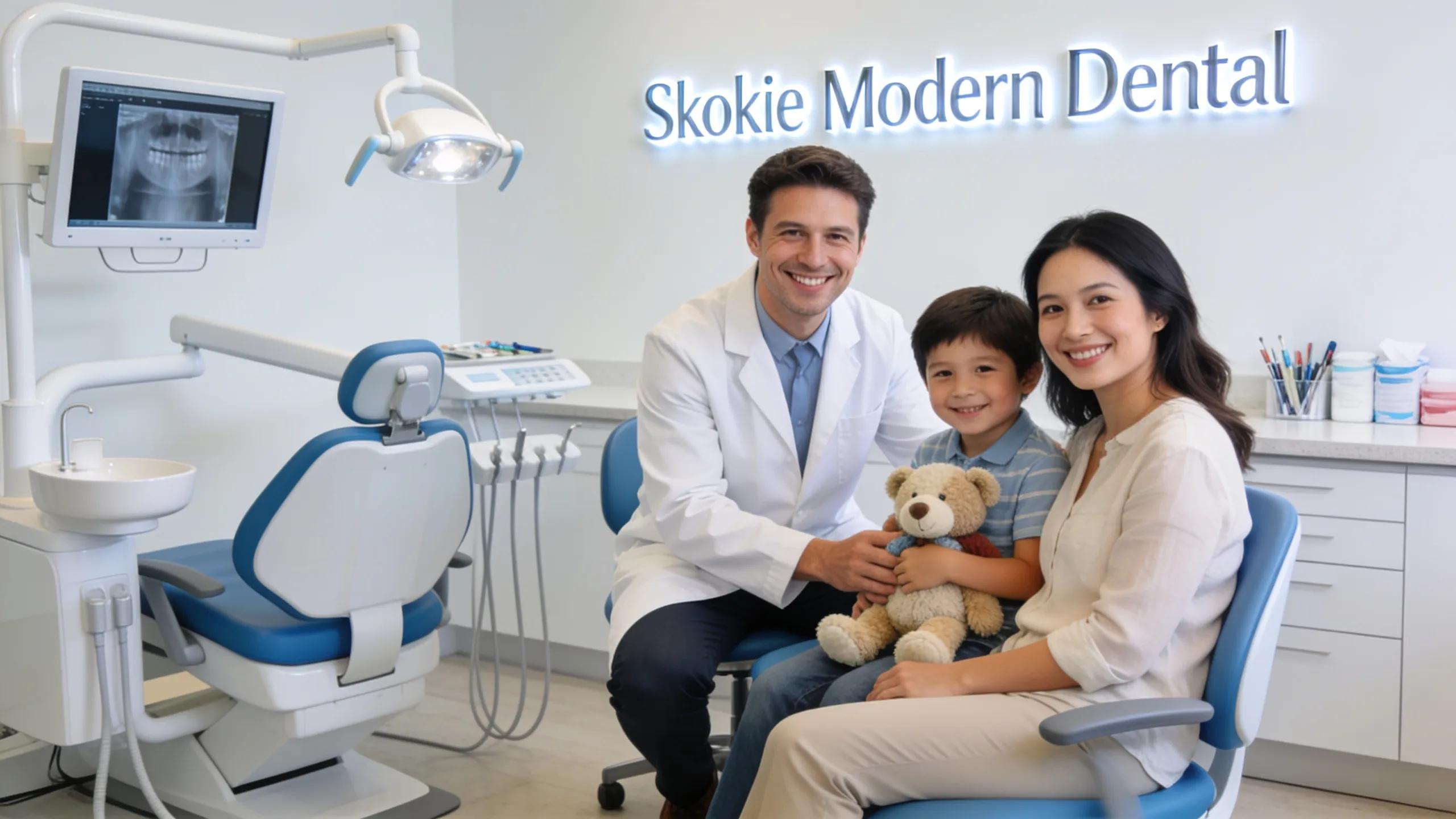Friendly dentist in Skokie, IL interacting with a family in a modern dental office