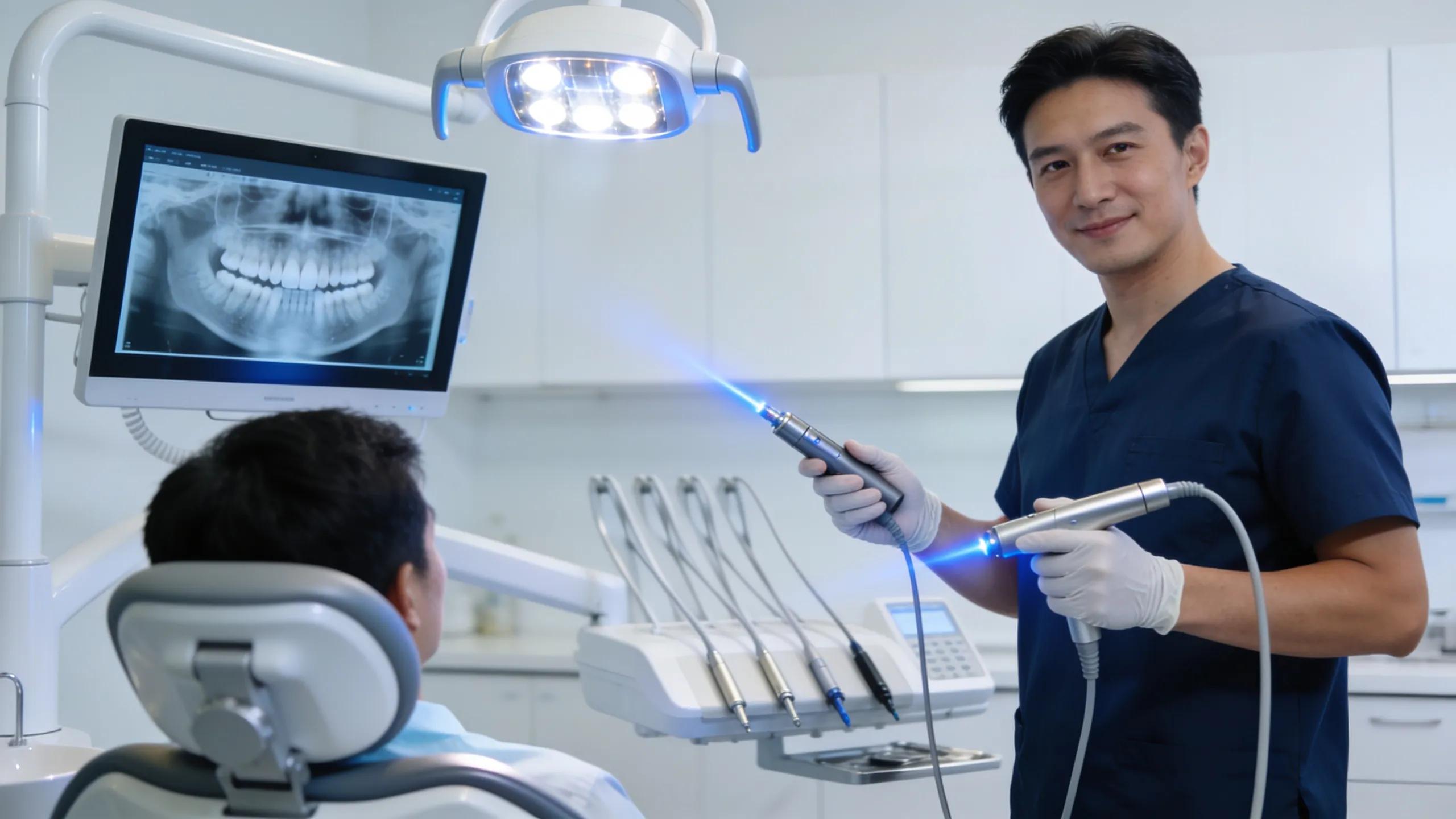 Dentist using modern dental technology including digital x-ray and laser treatments
