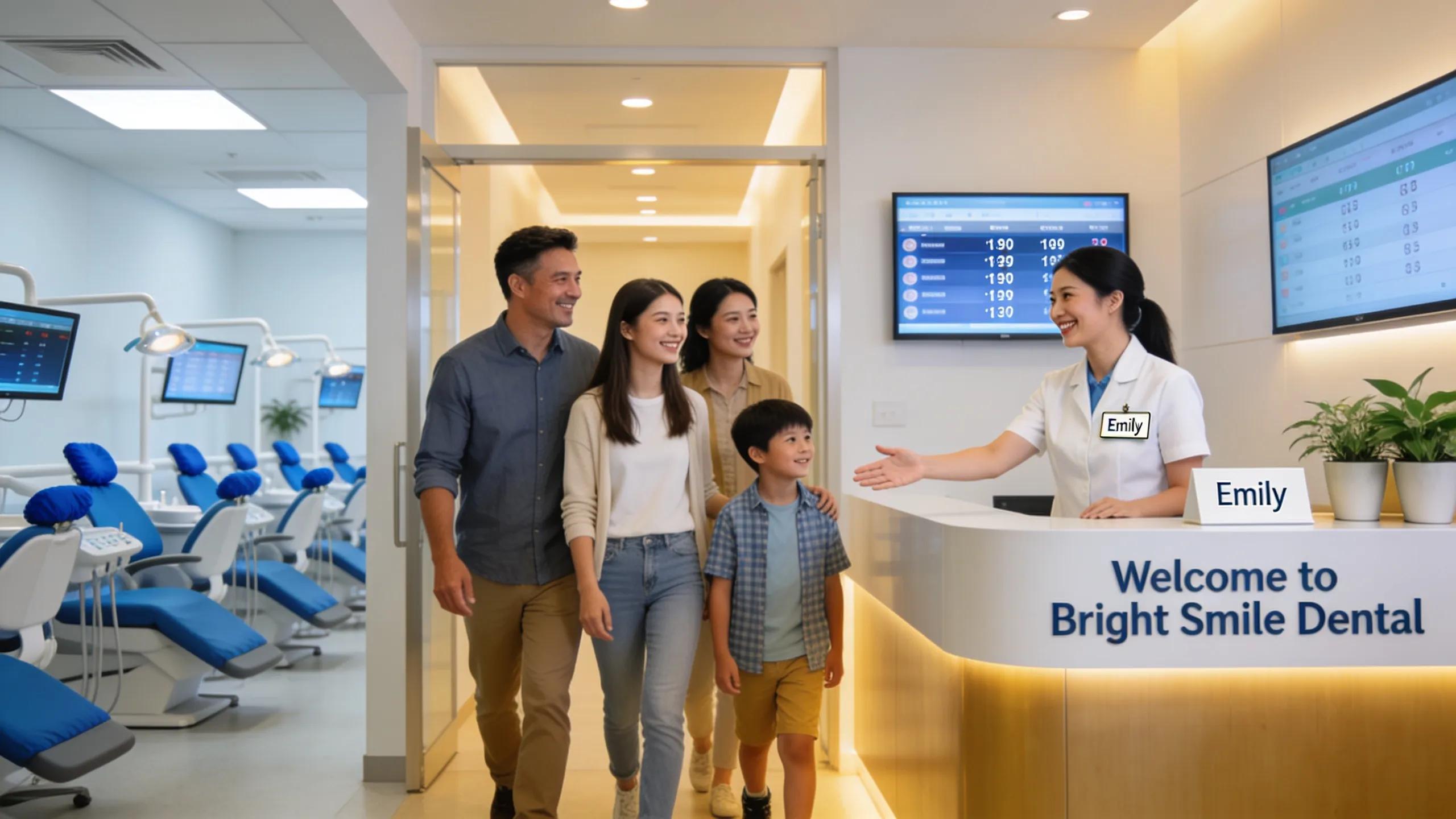 Family entering a welcoming emergency dental clinic for urgent care