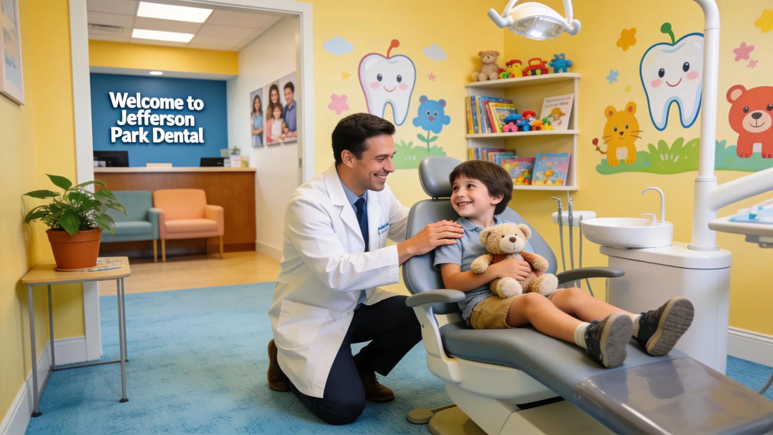 Friendly dentist engaging with a child in a colorful dental office in Jefferson Park