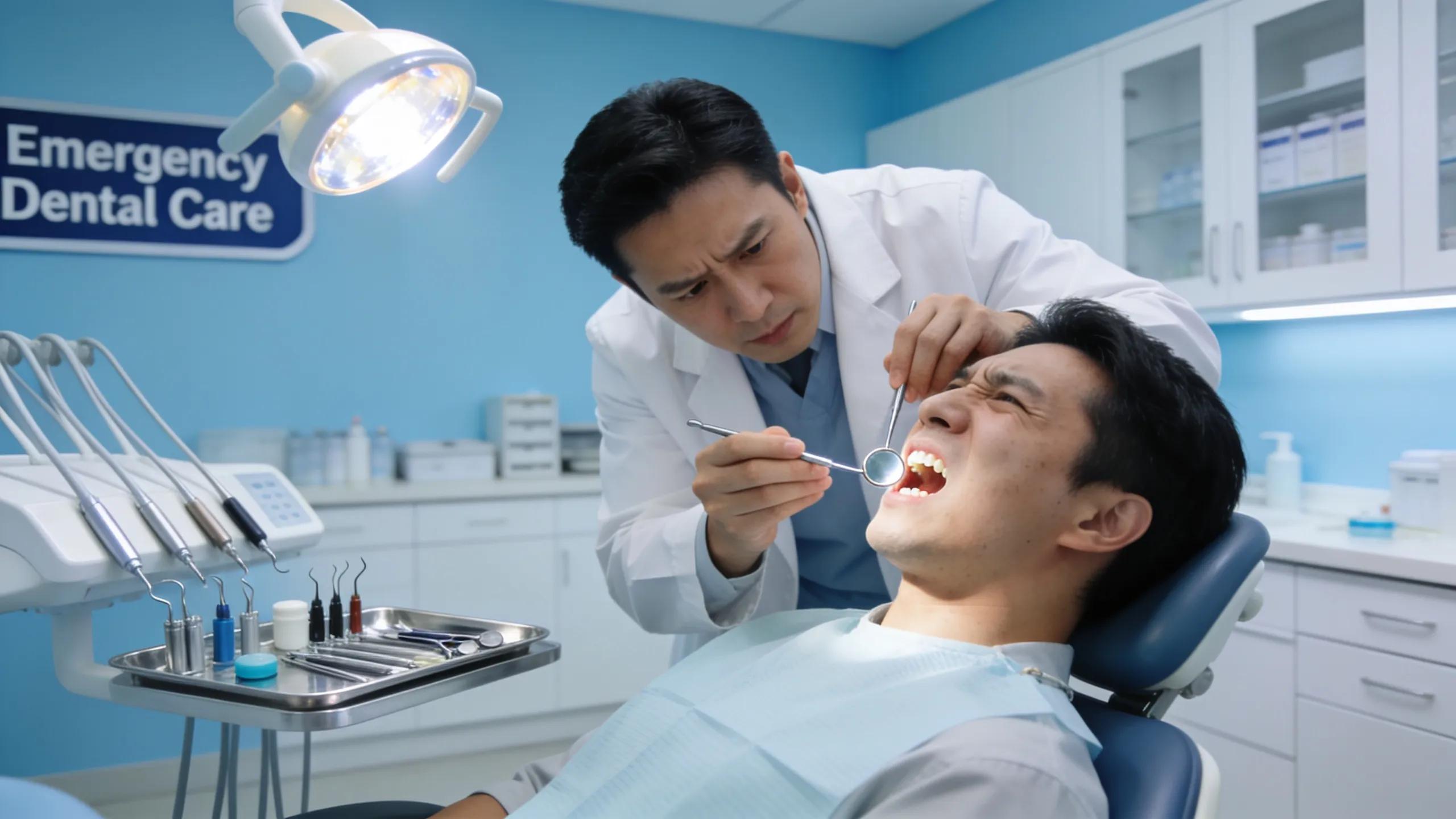 Emergency dental care scene with a dentist treating a patient in a modern clinic