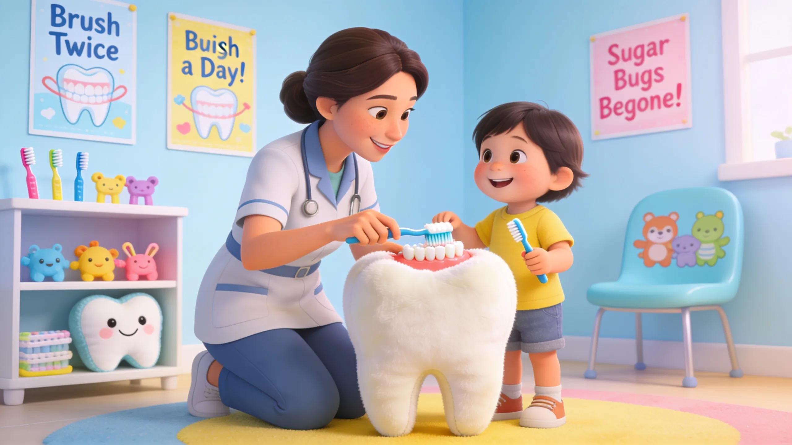 Dental hygienist teaching a child about oral hygiene in a colorful pediatric dental office