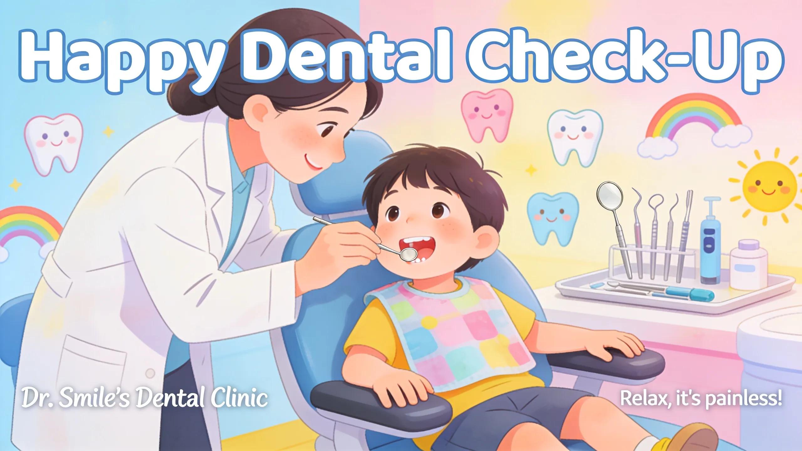 Dentist giving a check-up to a happy child in a dental office