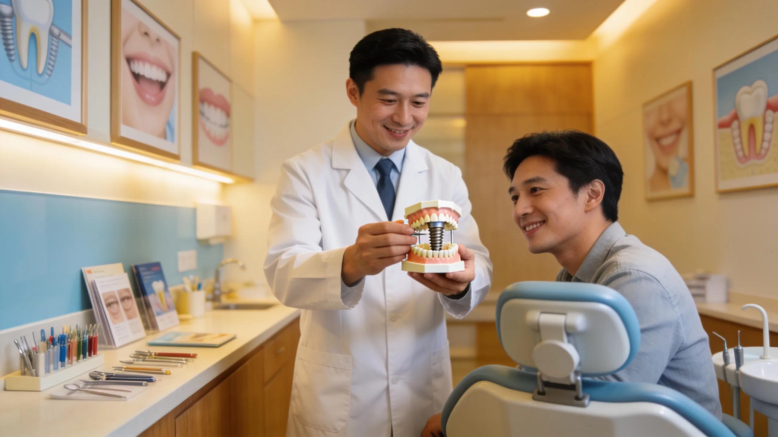Friendly dentist explaining dental implants to a patient in a cozy dental office
