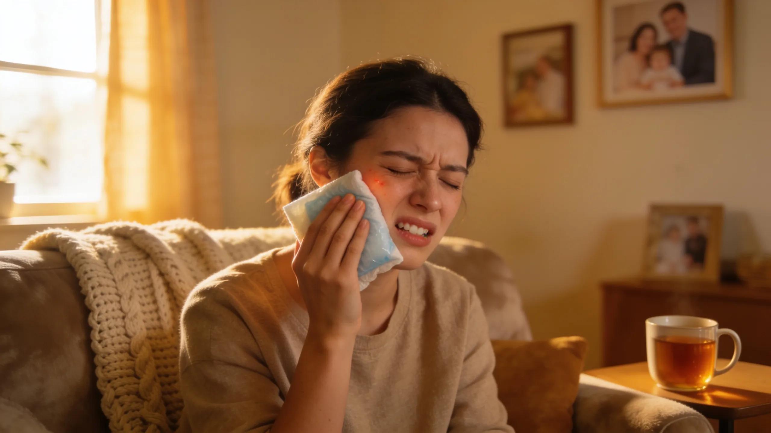 Person using a cold compress at home to manage dental pain before seeking emergency care