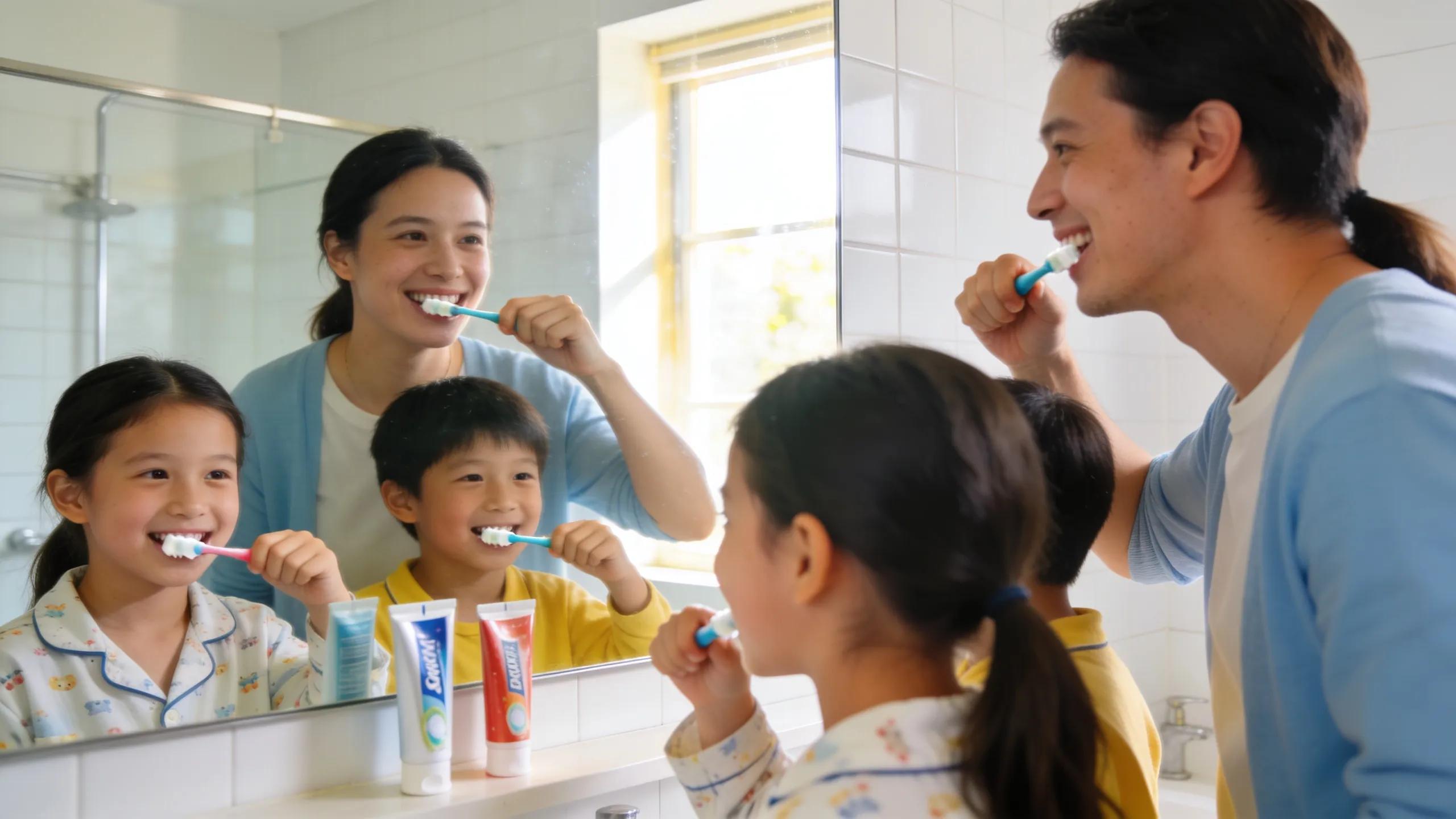 Family practicing good oral hygiene together to prevent dental emergencies