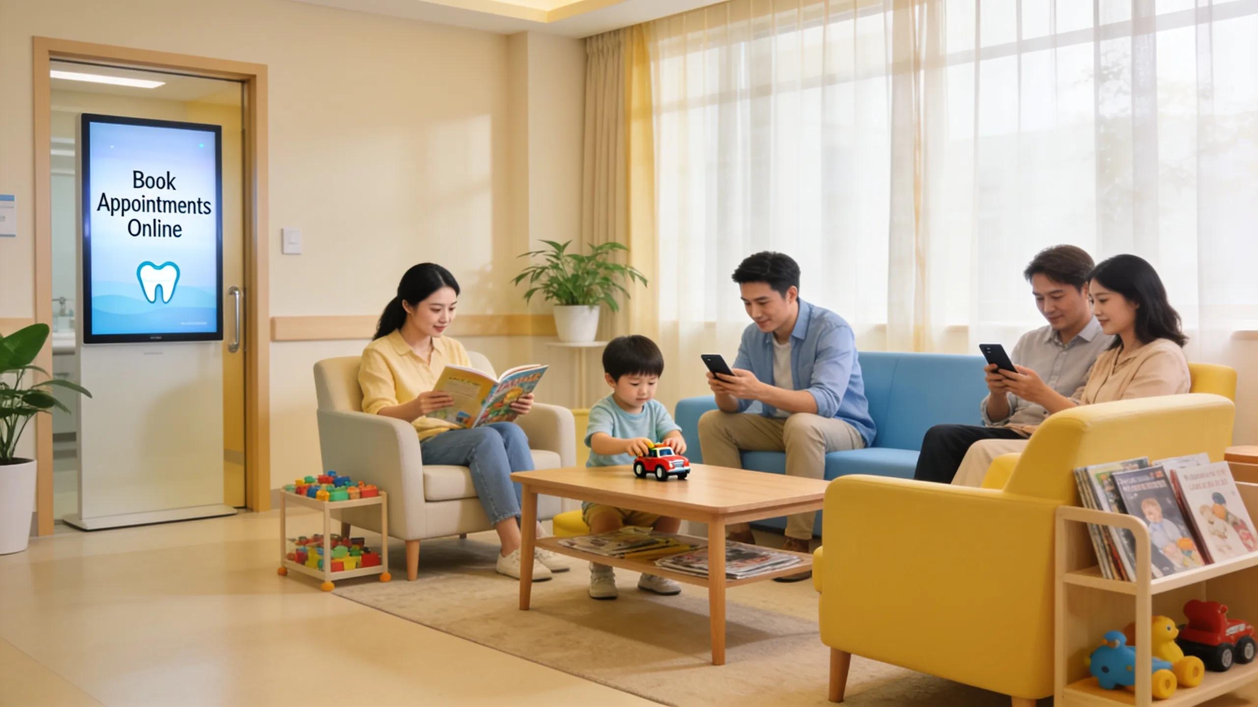 Families comfortably booking dental appointments in a welcoming waiting area