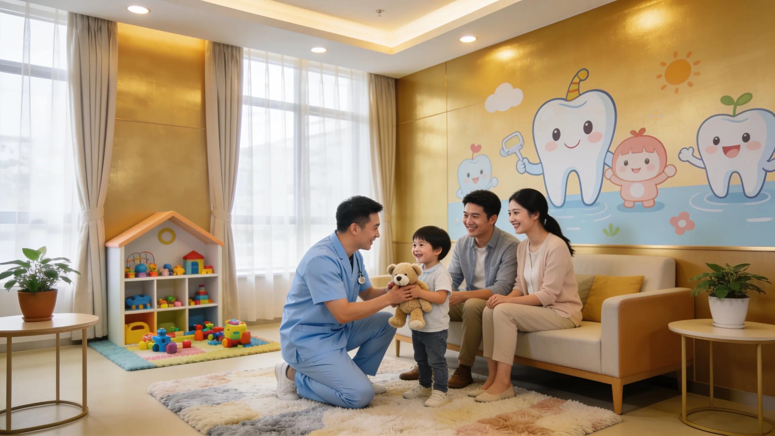 Family friendly dental office showcasing a positive interaction between a dentist and family members