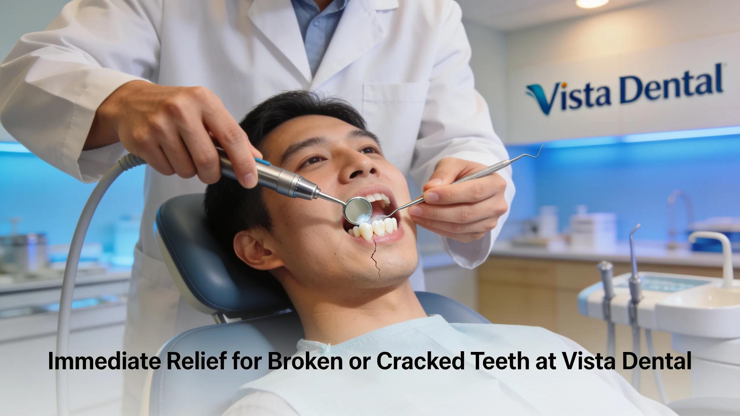Dentist repairing a cracked tooth during an emergency dental service