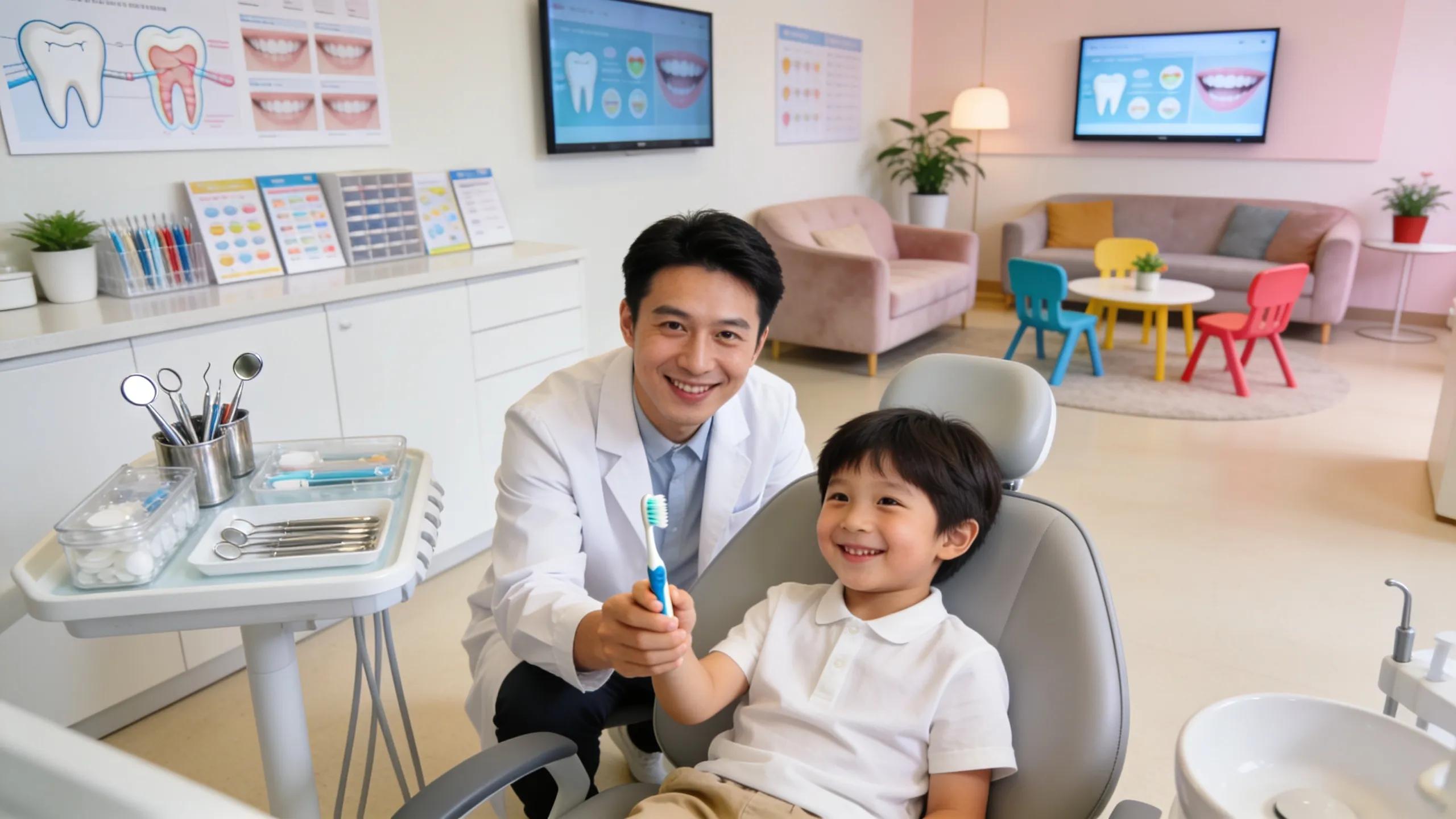 Family-friendly dental clinic with a caring dentist and child